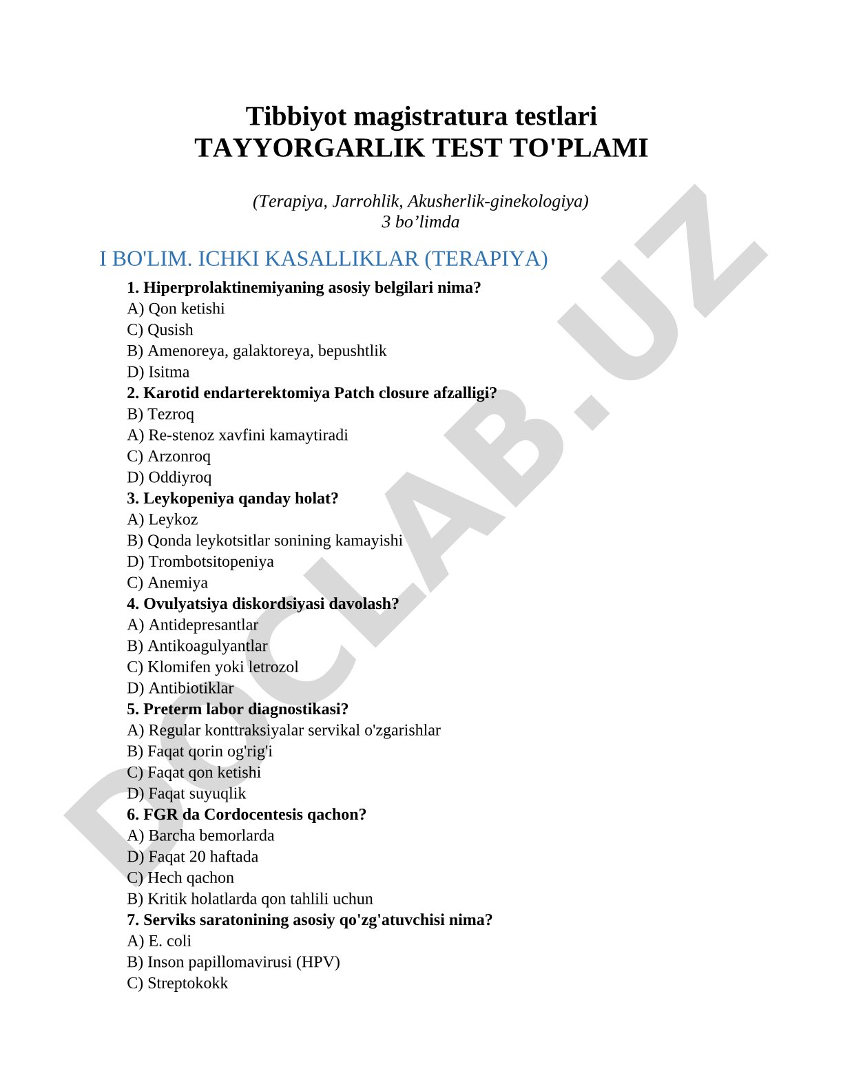 Tibbiyot magistratura testlari tayyorgarlik test to'plami (Terapiya, Jarrohlik, Akusherlik-ginekologiya)