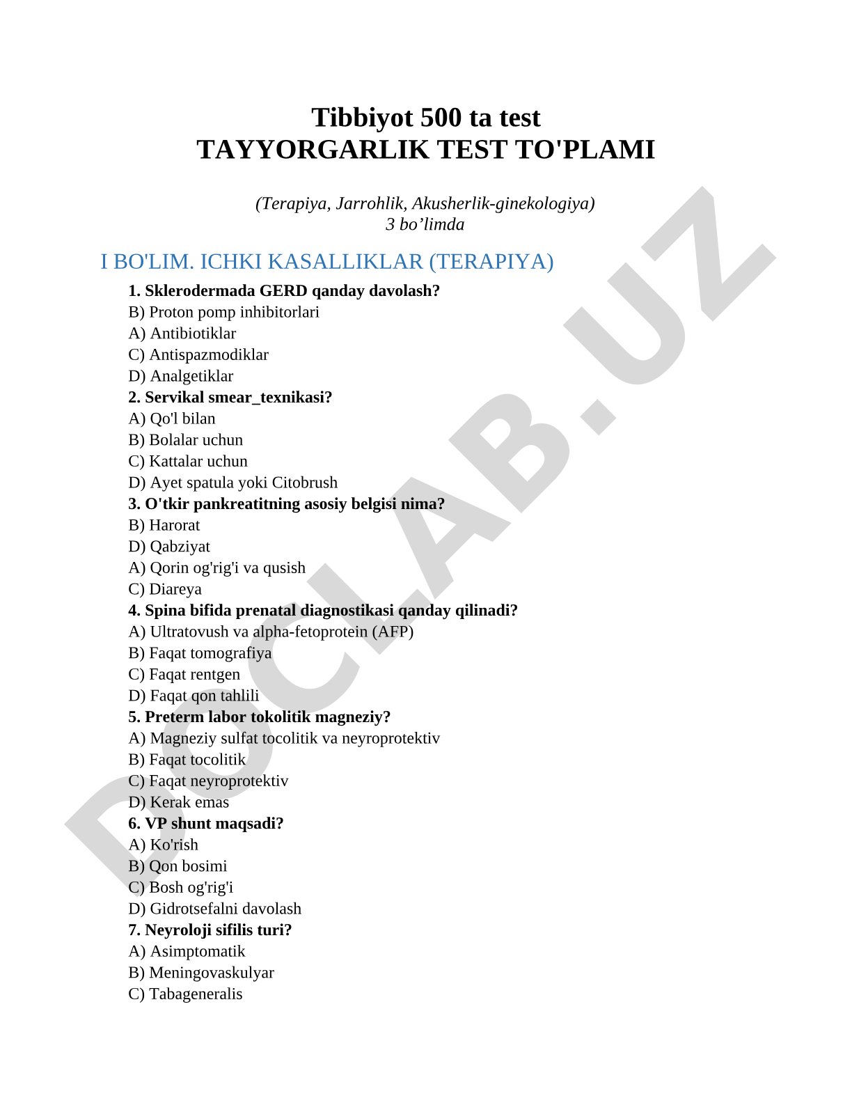 Tibbiyot 500 ta test Tayyorgarlik test to'plami (Terapiya, Jarrohlik, Akusherlik-ginekologiya)