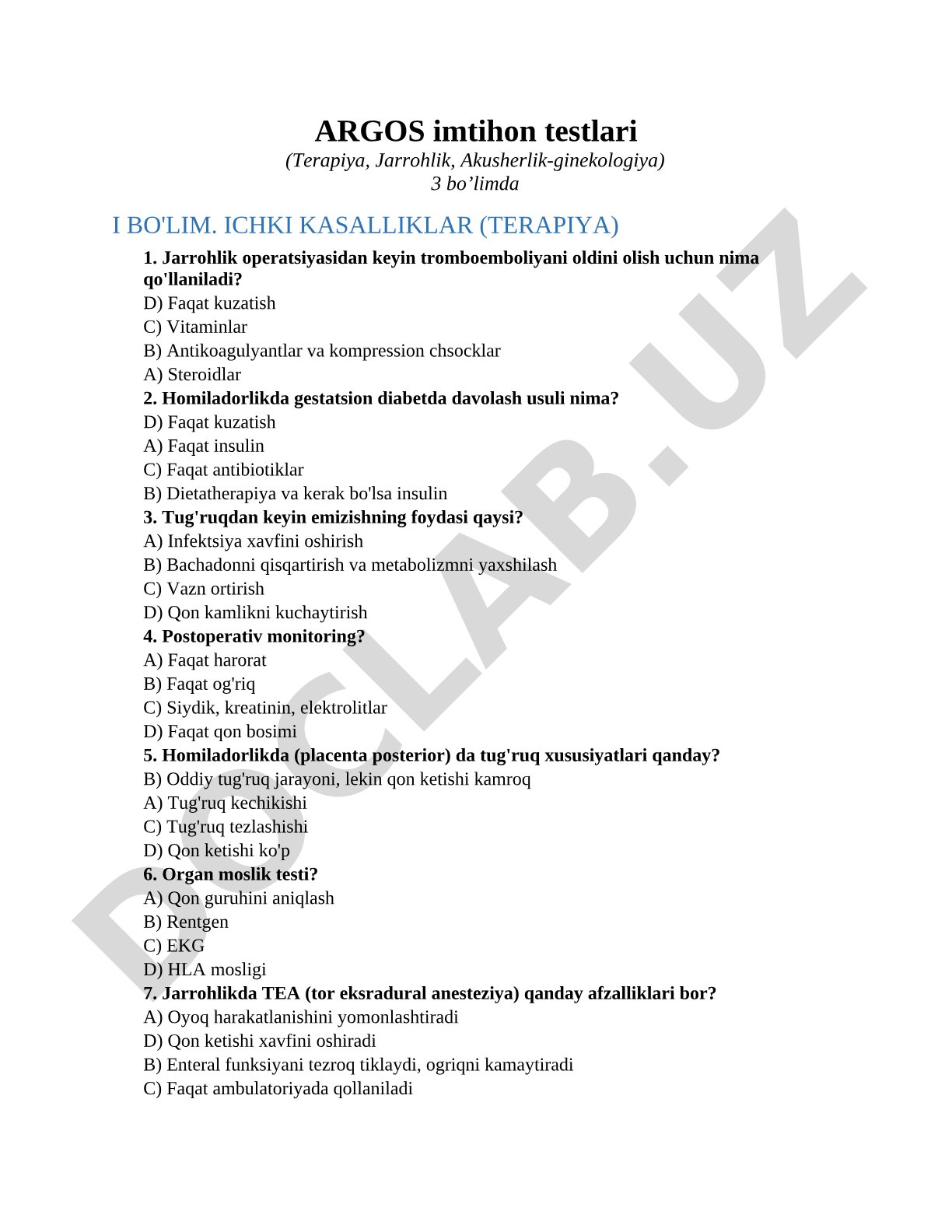 ARGOS imtihon testlari (Terapiya, Jarrohlik, Akusherlik-ginekologiya)