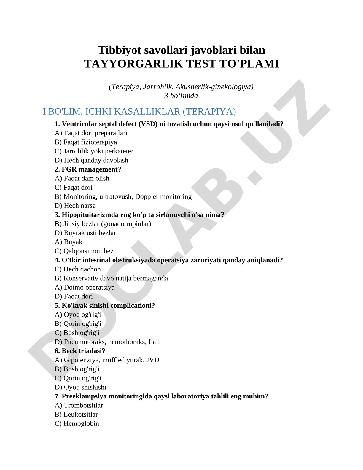 Tibbiyot savollari javoblari bilan TAYYORGARLIK TEST TO'PLAMI (Terapiya, Jarrohlik, Akusherlik-ginekologiya)