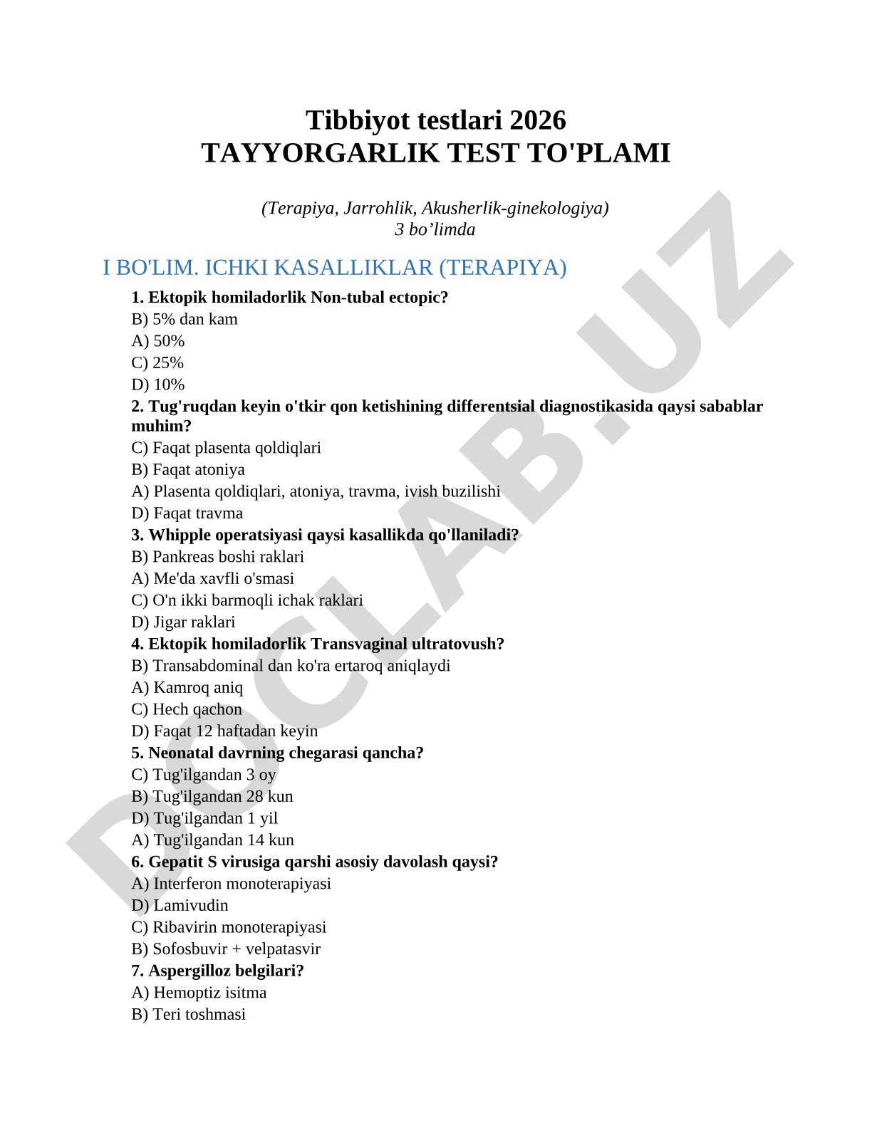 Tibbiyot testlari 2026 tayyorgarlik test to'plami (terapiya, jarrohlik, akusherlik-ginekologiya)