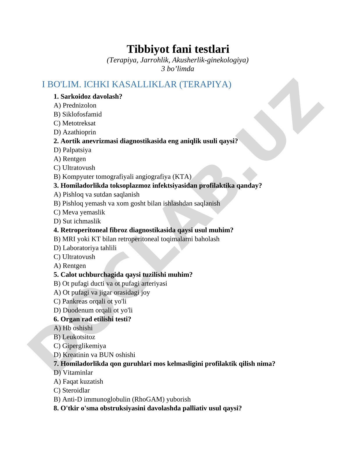Tibbiyot fani testlari (Terapiya, Jarrohlik, Akusherlik-ginekologiya)