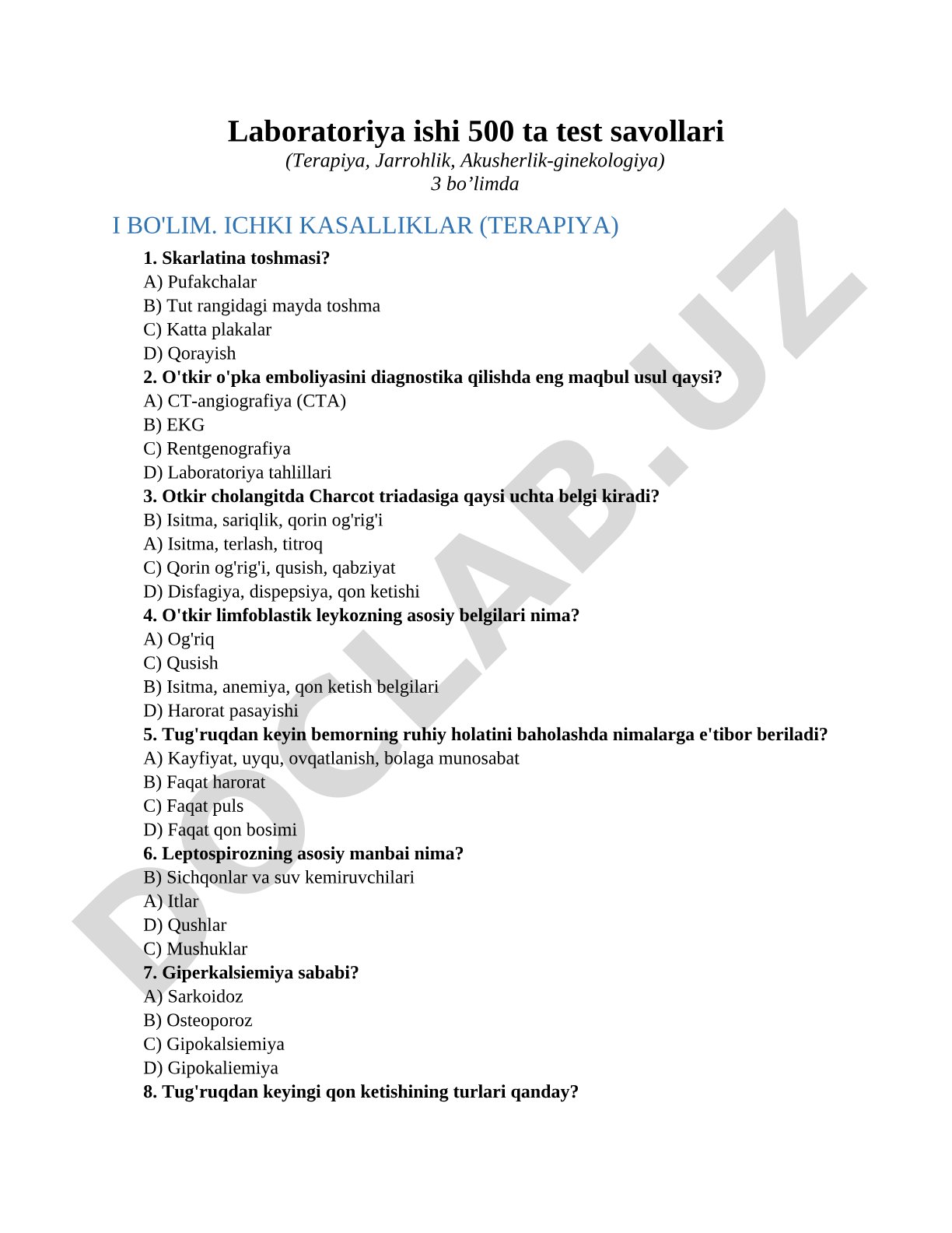 Laboratoriya ishi 500 ta test savollari (Terapiya, Jarrohlik, Akusherlik-ginekologiya) 3 bo’limda