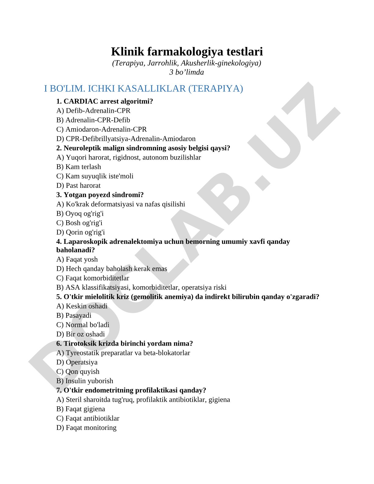 Klinik farmakologiya testlari (Terapiya, Jarrohlik, Akusherlik-ginekologiya)