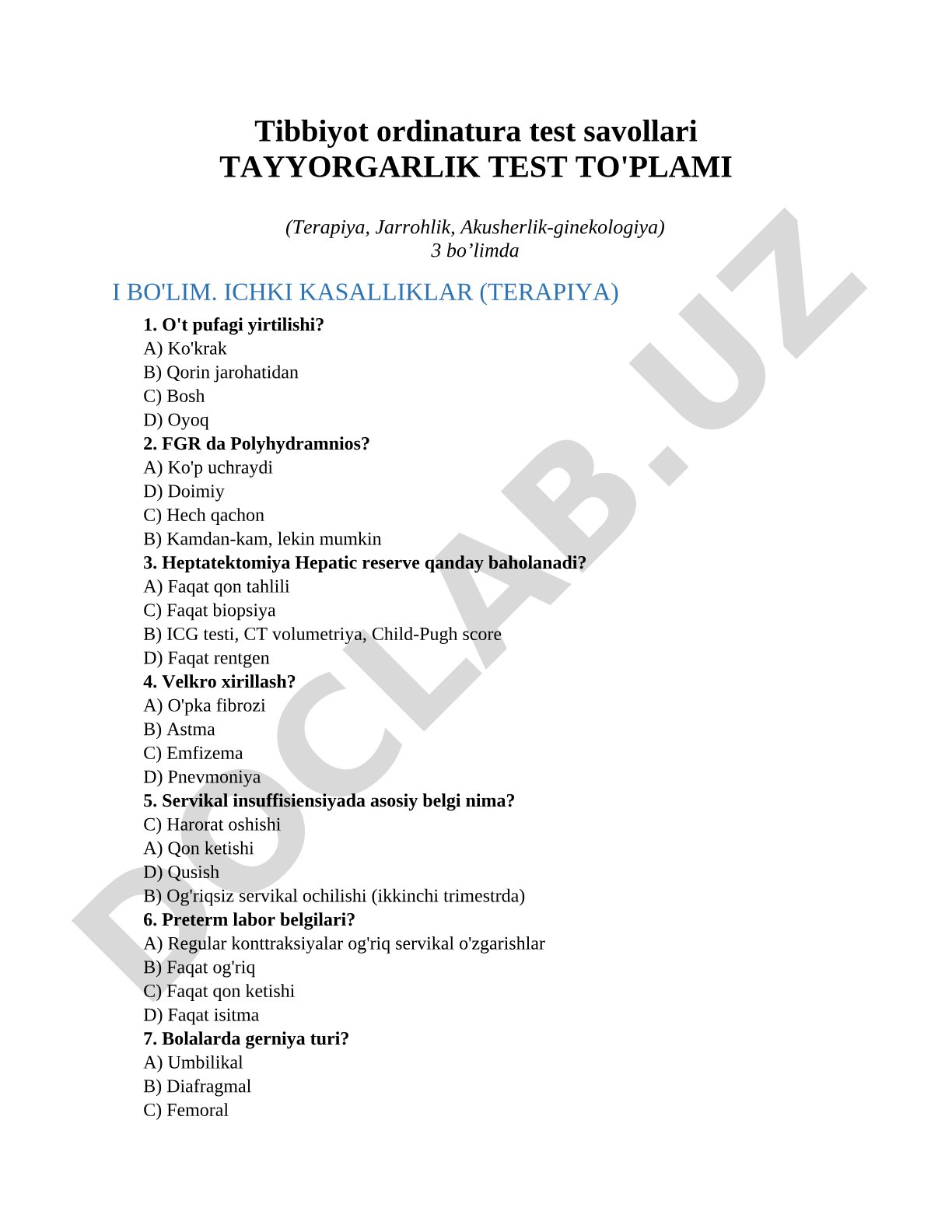Tibbiyot ordinatura test savollari (Terapiya, Jarrohlik, Akusherlik-ginekologiya)