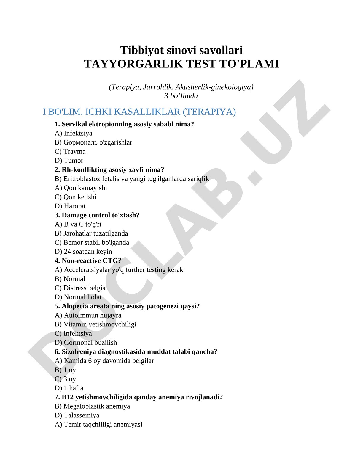 Tibbiyot sinovi savollari tayyorgarlik test to'plami (Terapiya, Jarrohlik, Akusherlik-ginekologiya)