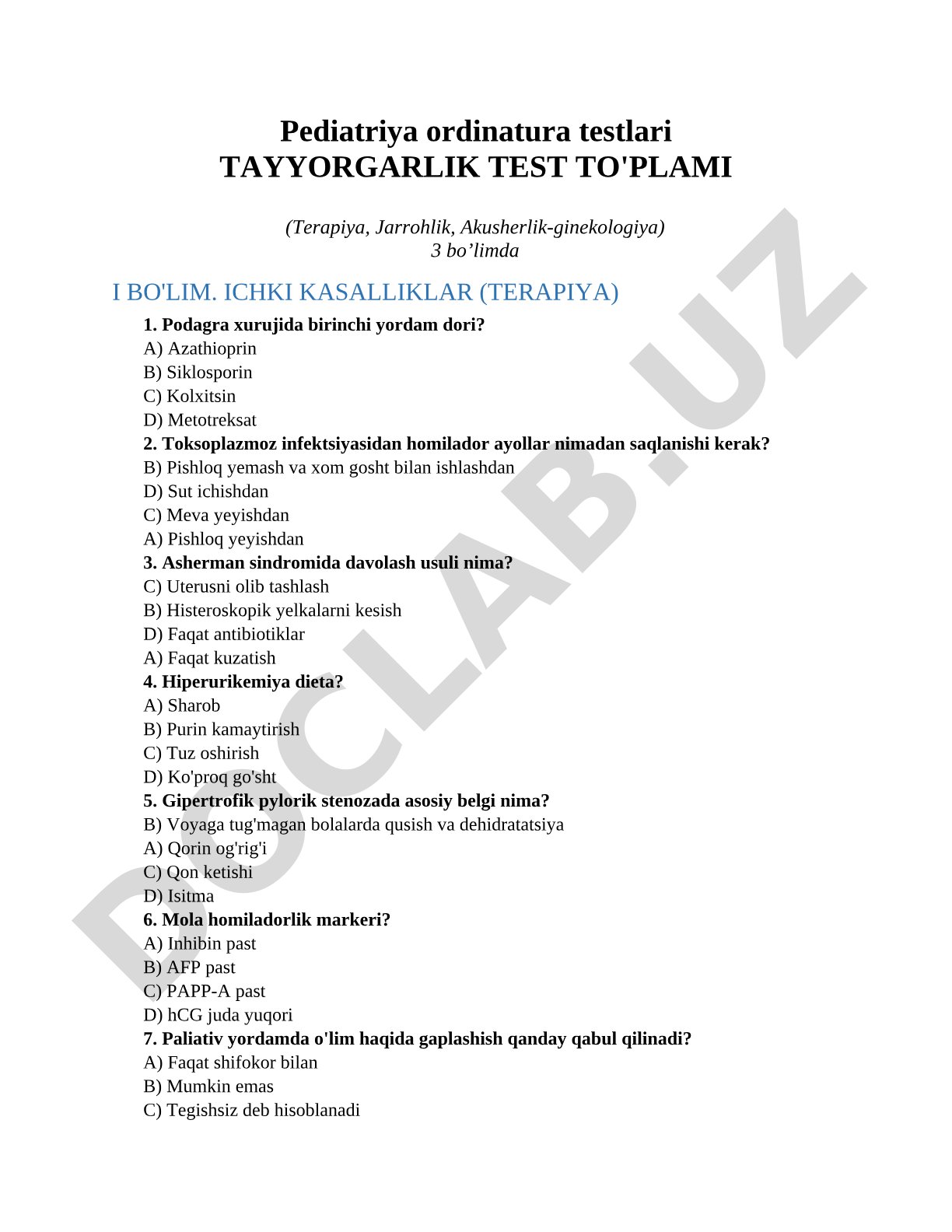 Pediatriya ordinatura testlari tayyorgarlik test to'plami (terapiya, jarrohlik, akusherlik-ginekologiya)