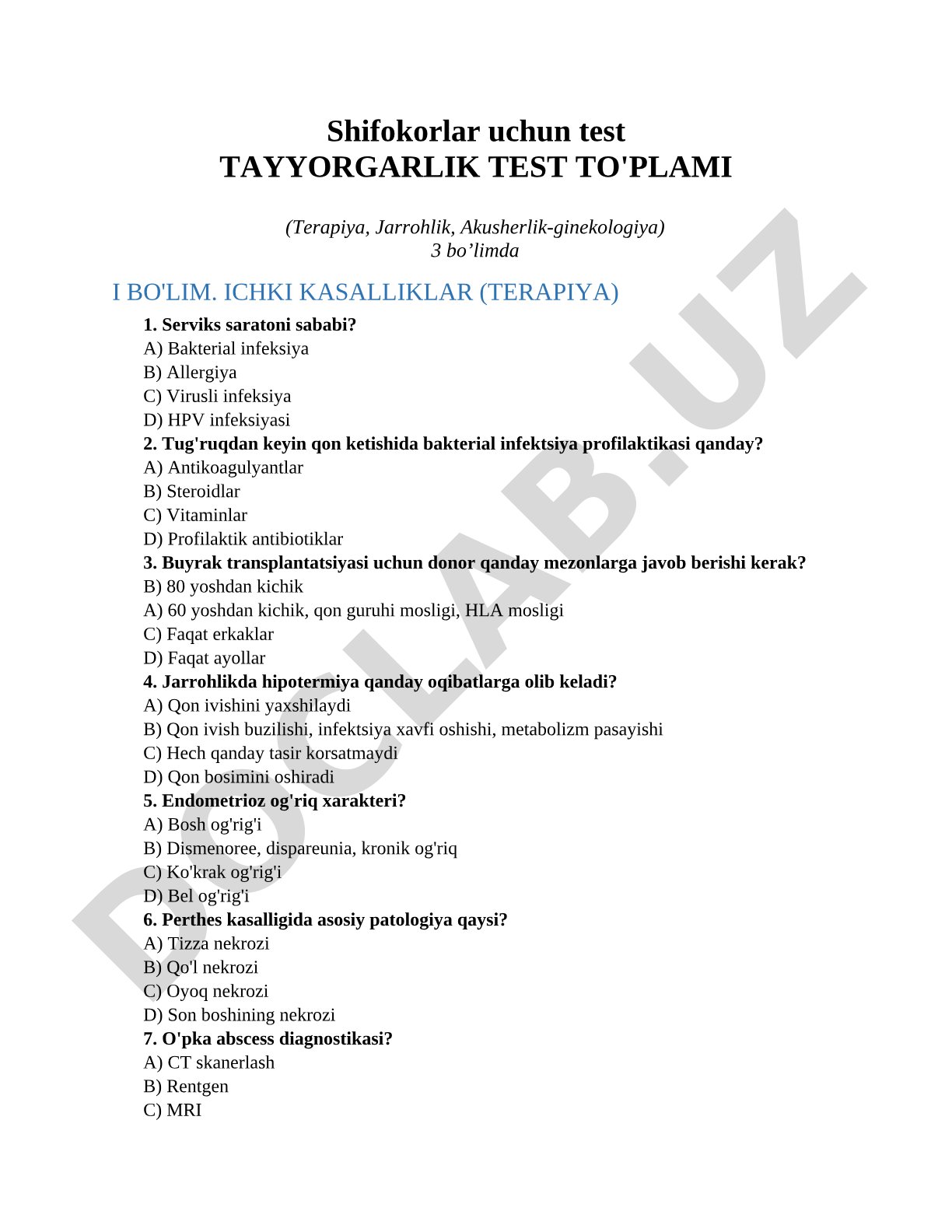 Shifokorlar uchun test tayyorgarlik test to'plami (terapiya, jarrohlik, akusherlik-ginekologiya)
