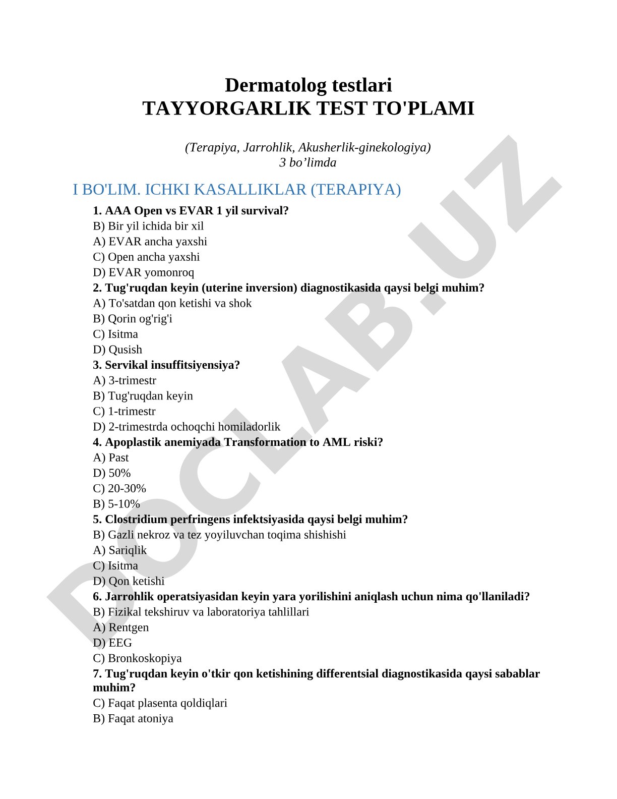 Dermatolog testlari TAYYORGARLIK TEST TO'PLAMI (Terapiya, Jarrohlik, Akusherlik-ginekologiya)