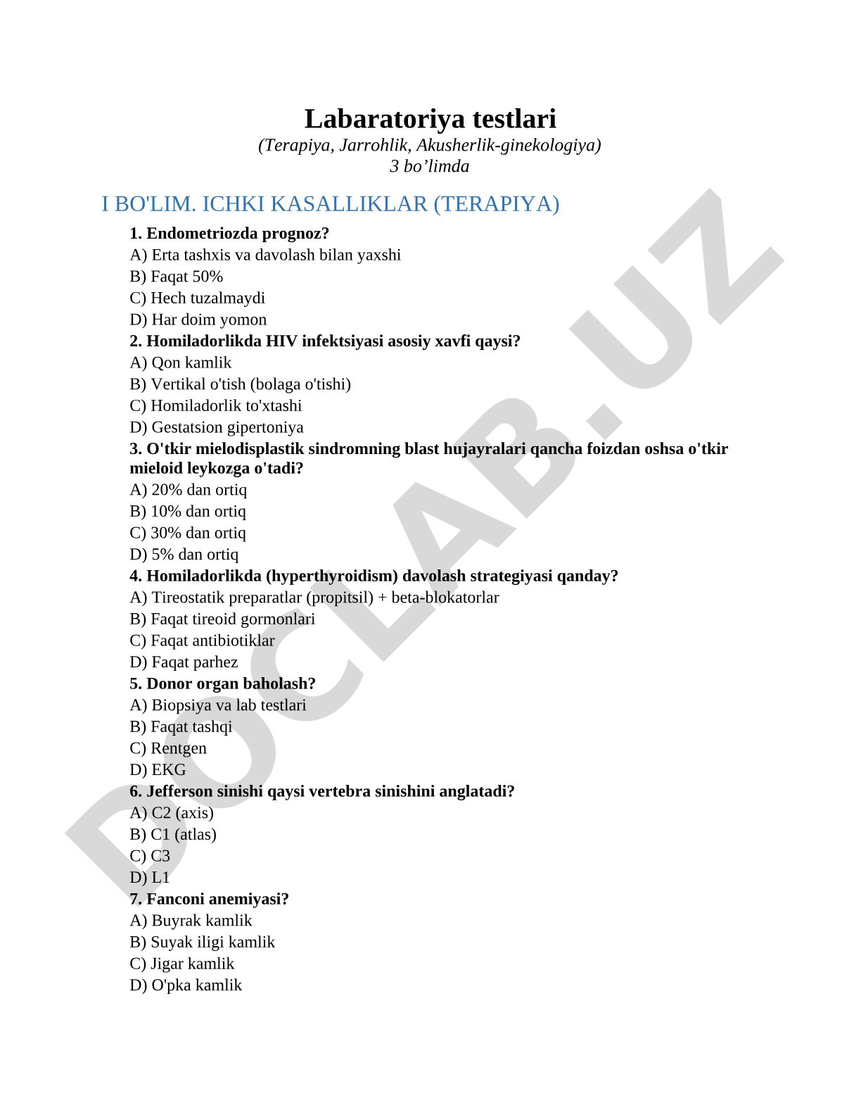 Labaratoriya testlari (Terapiya, Jarrohlik, Akusherlik-ginekologiya)