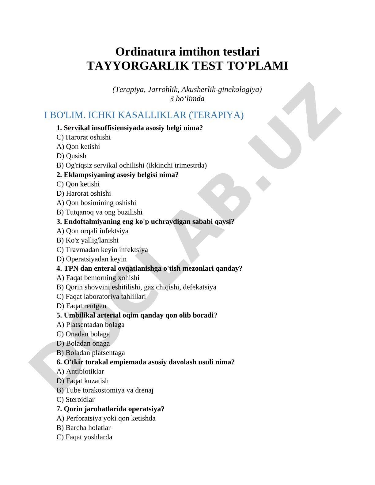 Ordinatura imtihon testlari Tayyorgarlik test to'plami (Terapiya, Jarrohlik, Akusherlik-ginekologiya)