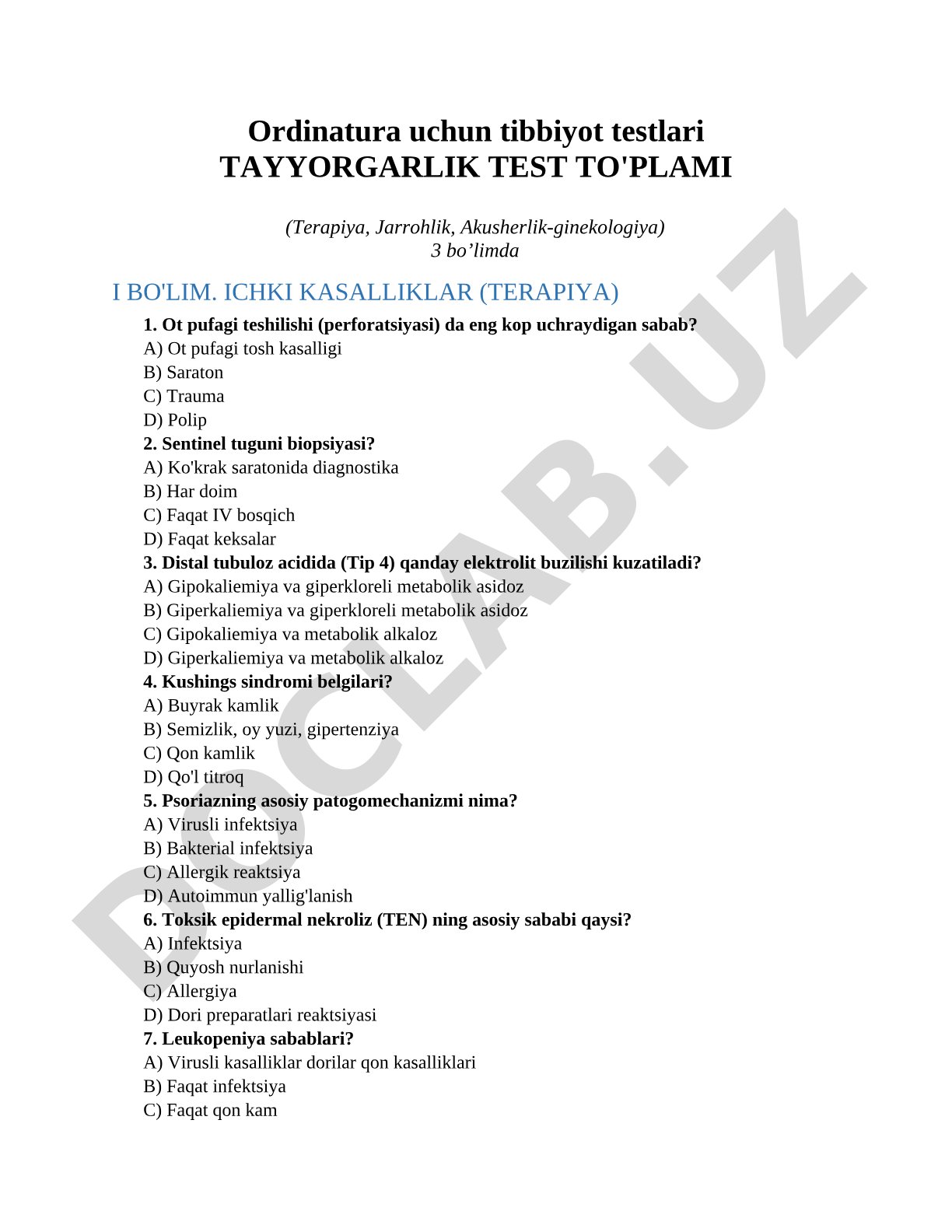 Ordinatura uchun tibbiyot testlari Tayyorgarlik test to'plami (Terapiya, Jarrohlik, Akusherlik-ginekologiya)