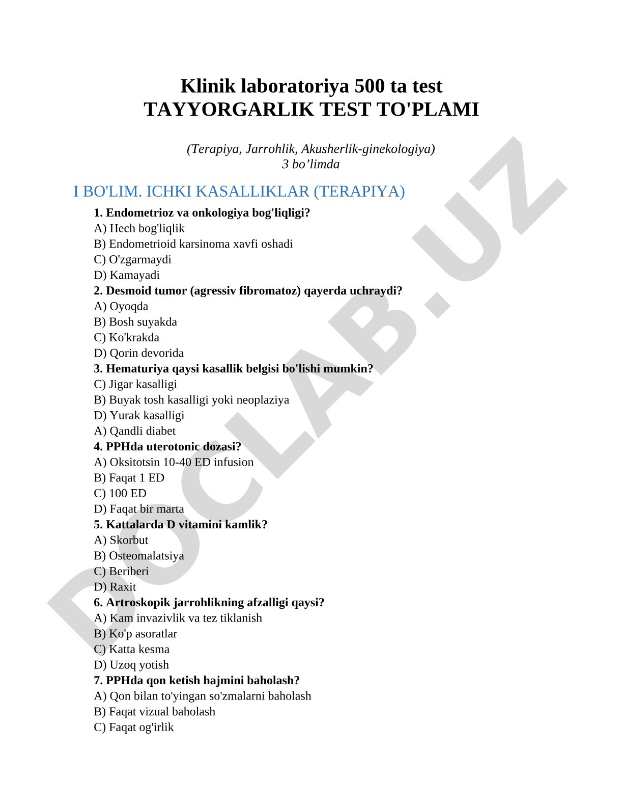 Klinik laboratoriya test to'plami (terapiya, jarrohlik, akusherlik-ginekologiya)