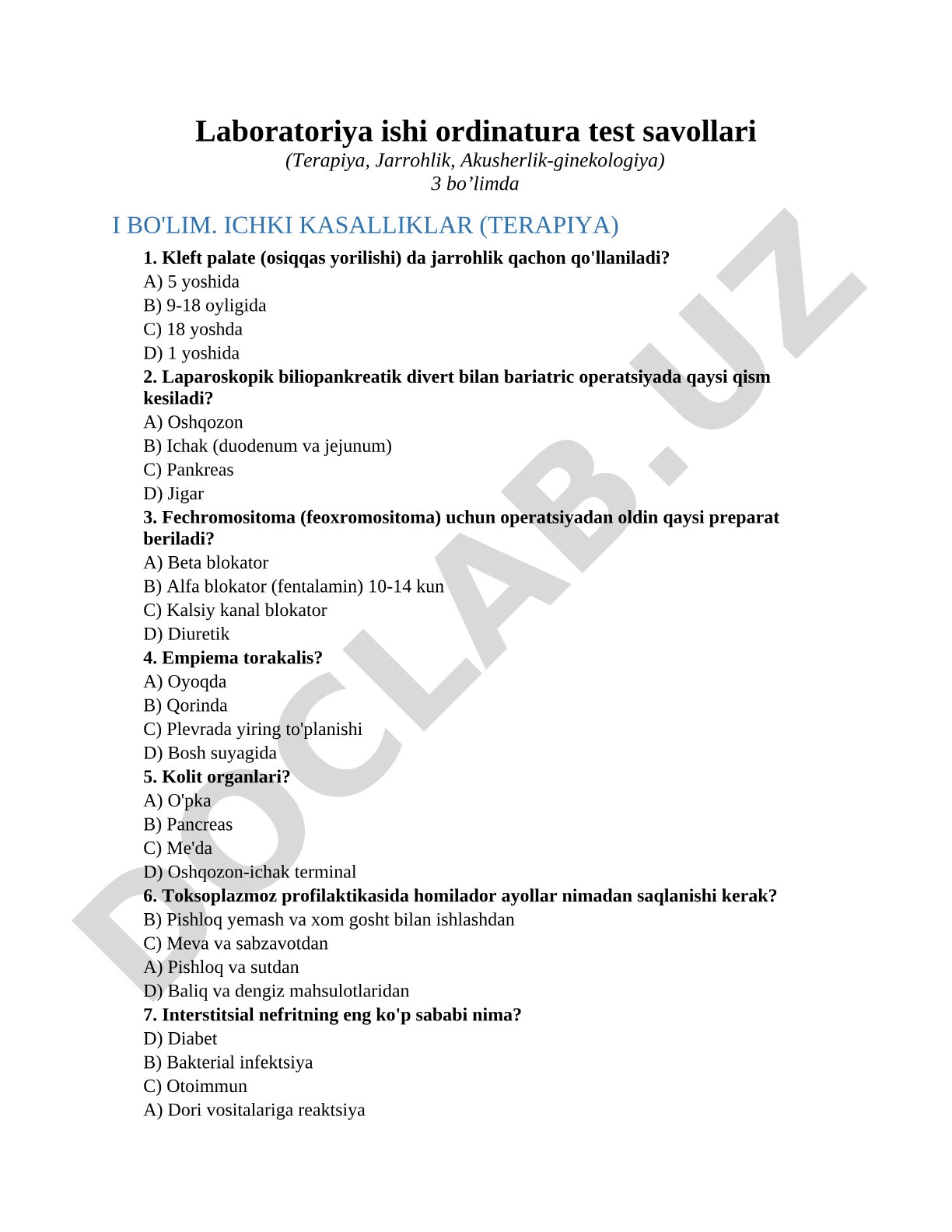 Laboratoriya ishi ordinatura test savollari (Terapiya, Jarrohlik, Akusherlik-ginekologiya)