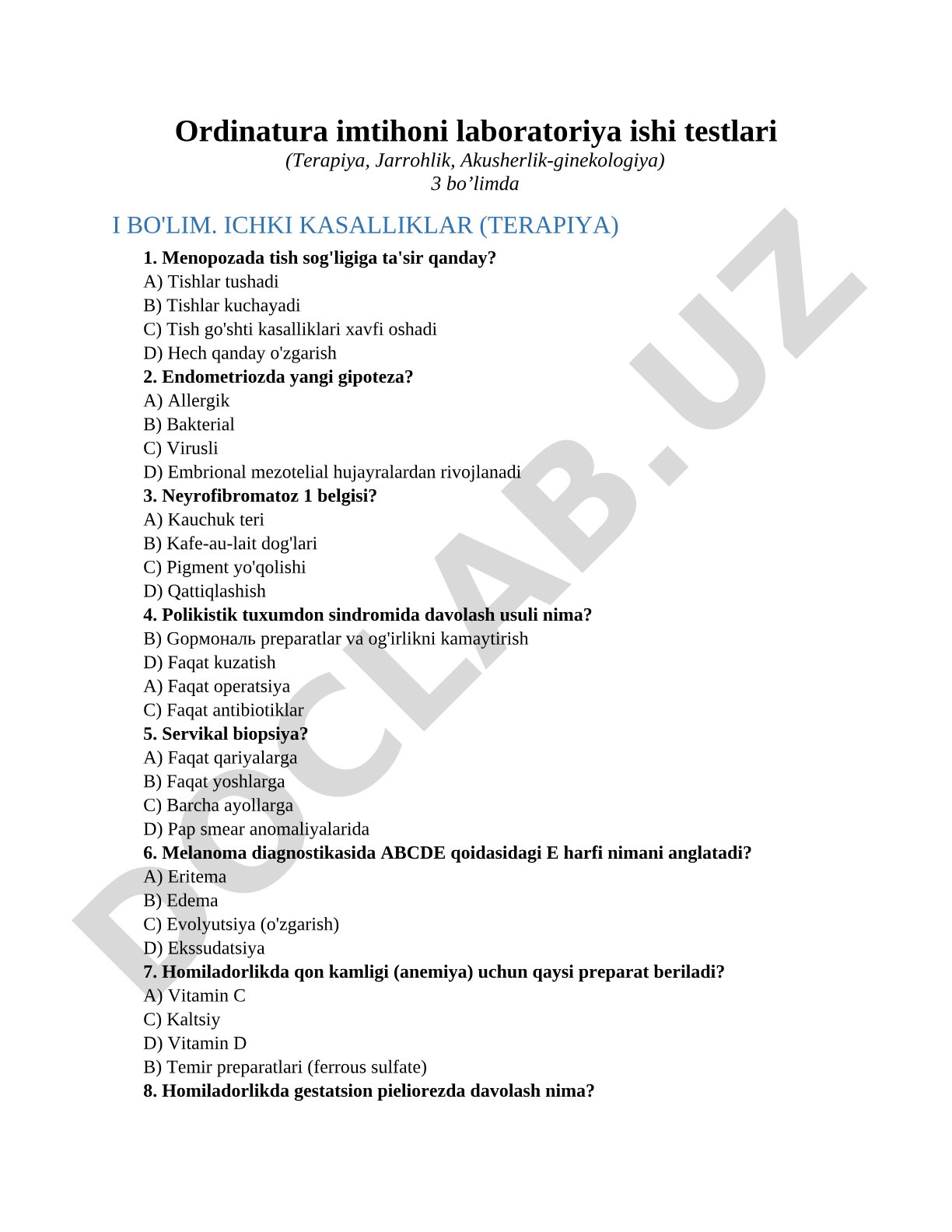 Ordinatura imtihoni laboratoriya ishi testlari (Terapiya, Jarrohlik, Akusherlik-ginekologiya)