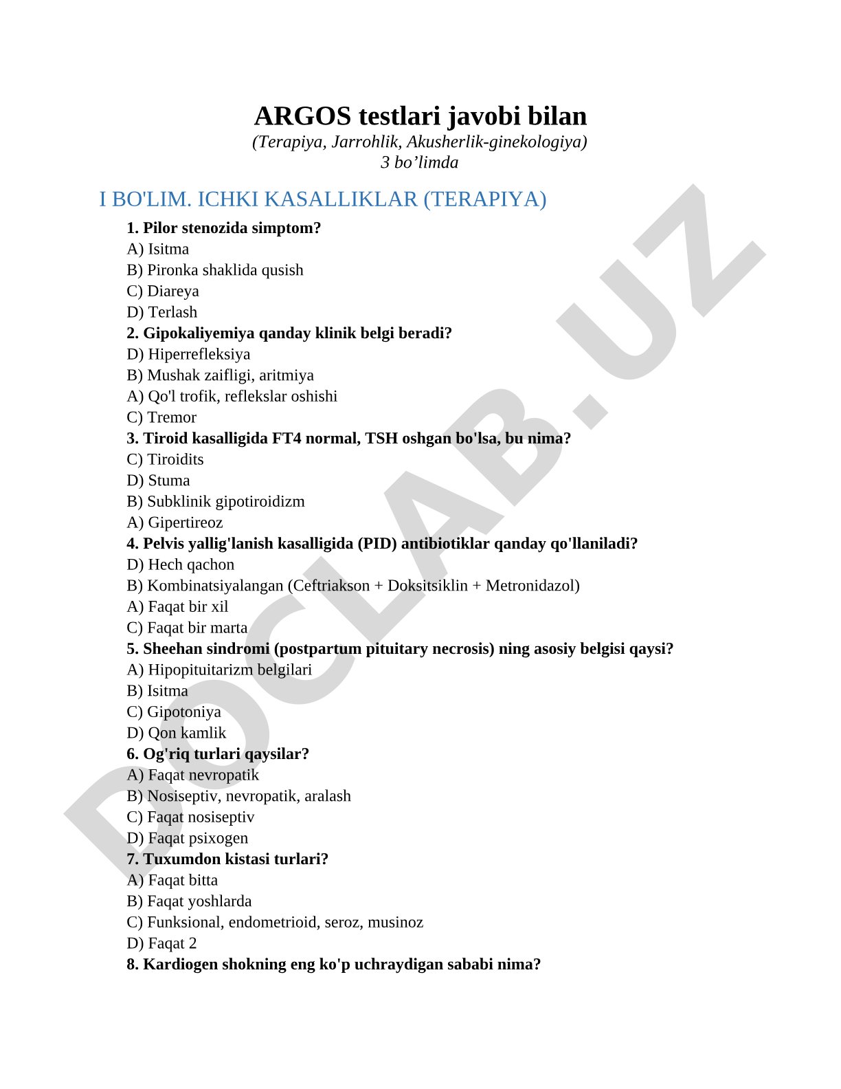ARGOS testlari javobi bilan (Terapiya, Jarrohlik, Akusherlik-ginekologiya)3 bo’limda