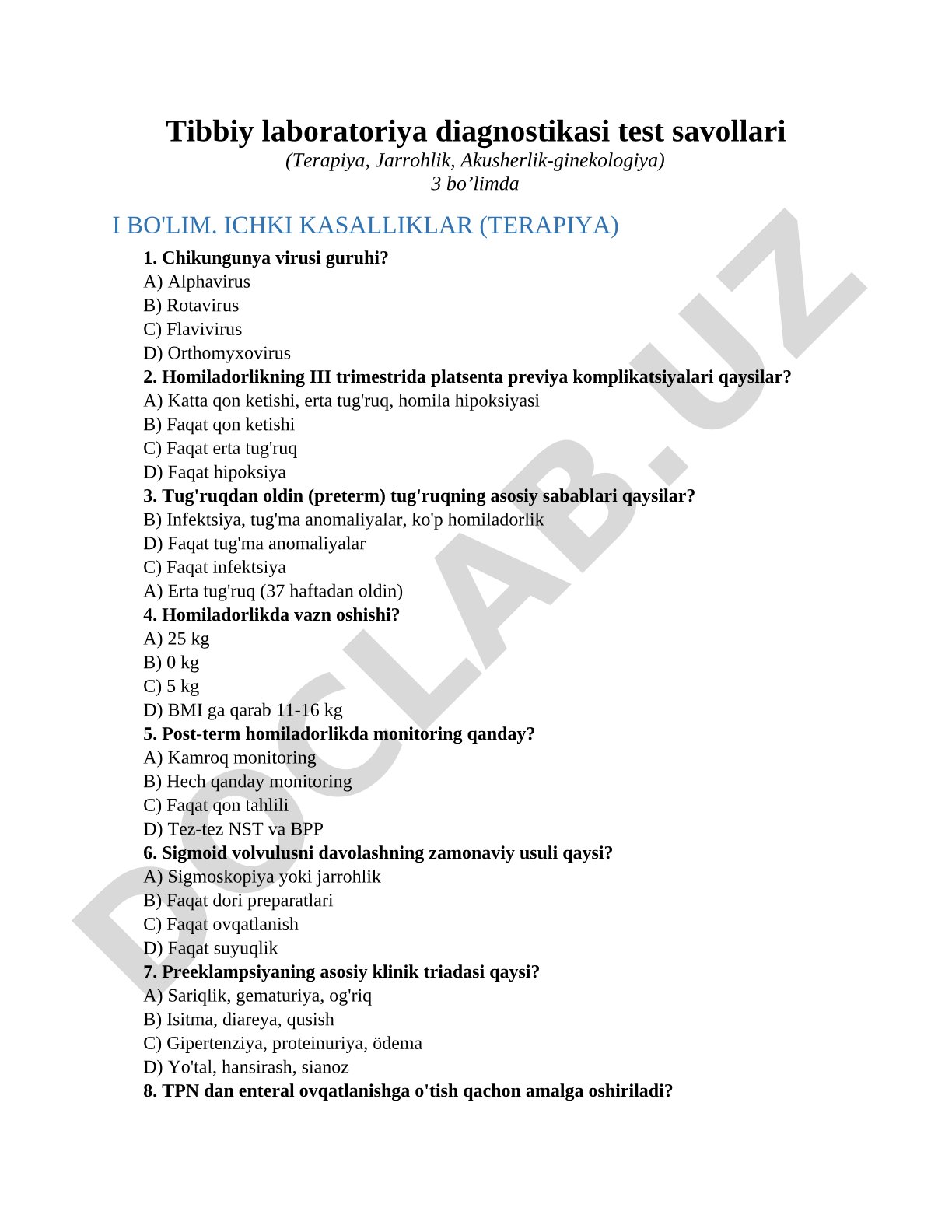 Tibbiy laboratoriya diagnostikasi test savollari (Terapiya, Jarrohlik, Akusherlik-ginekologiya)