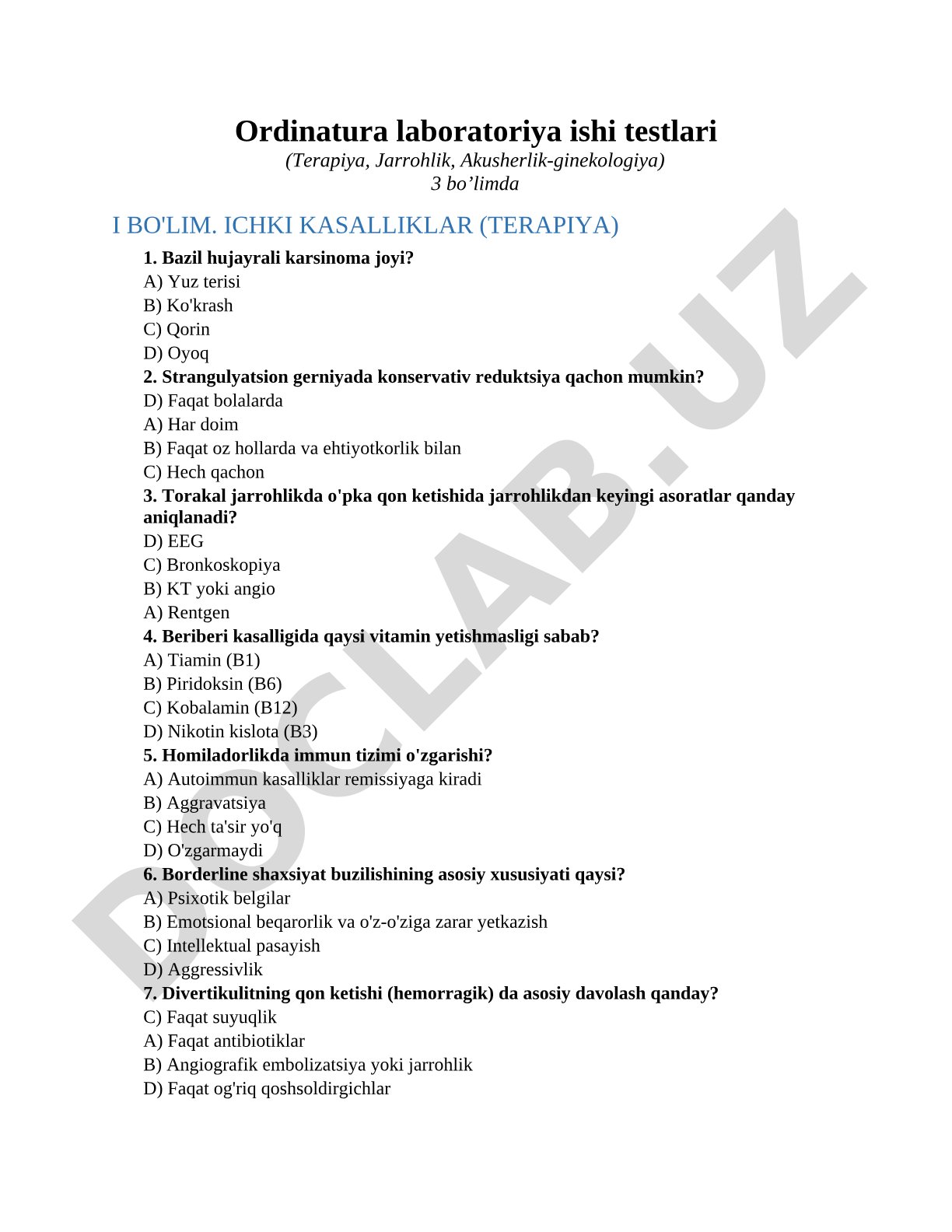 Ordinatura laboratoriya ishi testlari (Terapiya, Jarrohlik, Akusherlik-ginekologiya)