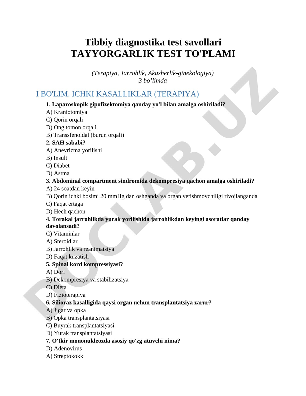 Tibbiy diagnostika test savollari (Terapiya, Jarrohlik, Akusherlik-ginekologiya)