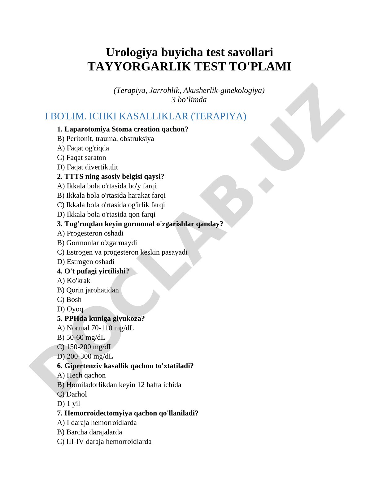 Urologiya buyicha test savollari