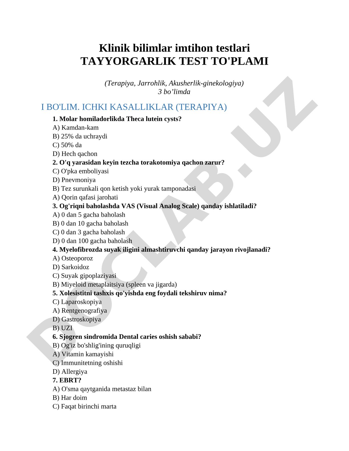 Klinik bilimlar imtihon testlari tayyorgarlik test to'plami (Terapiya, Jarrohlik, Akusherlik-ginekologiya)