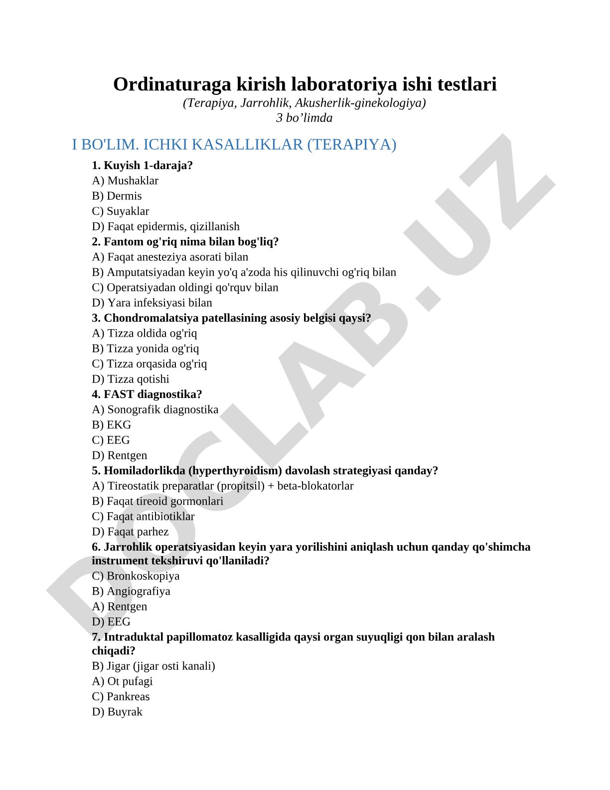 Ordinaturaga kirish laboratoriya ishi testlari (Terapiya, Jarrohlik, Akusherlik-ginekologiya)