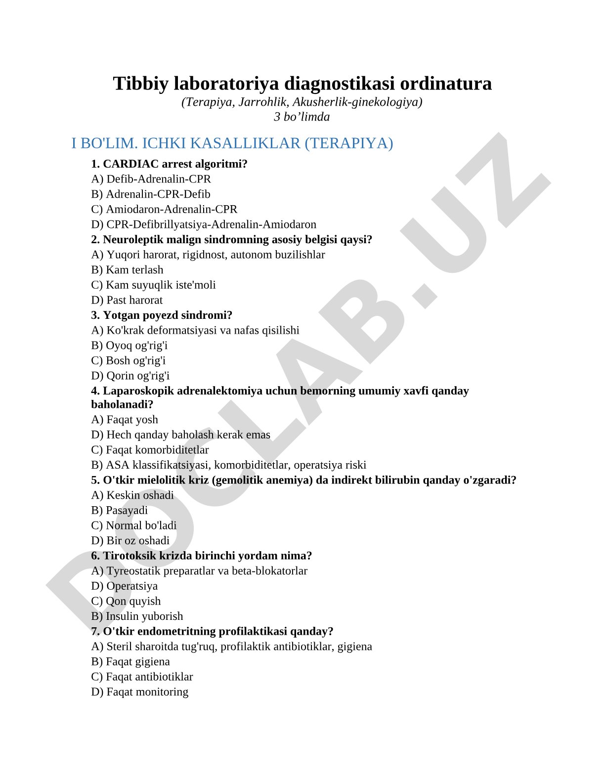 Tibbiy laboratoriya diagnostikasi ordinatura I bo'lim Ichki kasalliklar