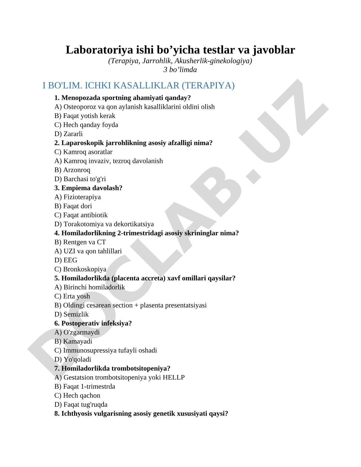 Laboratoriya ishi bo’yicha testlar va javoblar (Terapiya, Jarrohlik, Akusherlik-ginekologiya)
