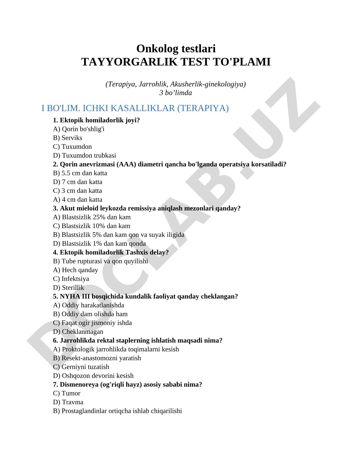 Onkolog testlari TAYYORGARLIK TEST TO'PLAMI (Terapiya, Jarrohlik, Akusherlik-ginekologiya)