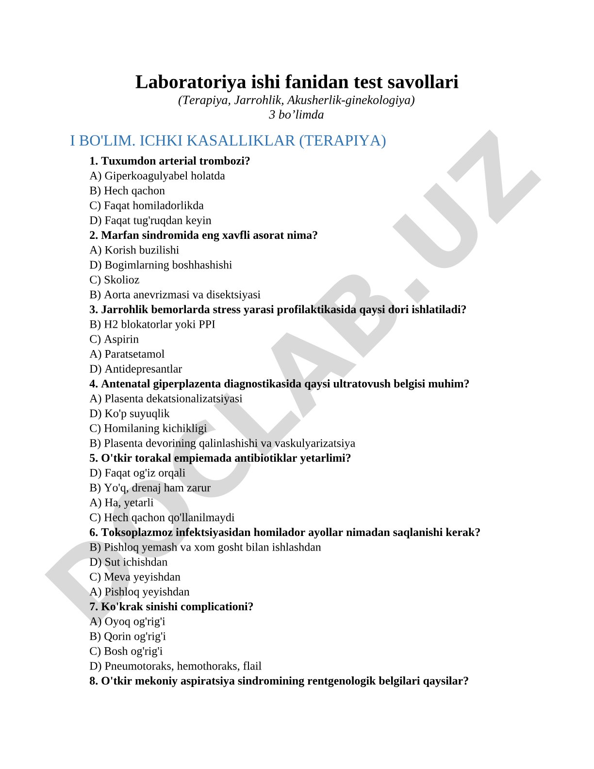 Laboratoriya ishi fanidan test savollari (Terapiya, Jarrohlik, Akusherlik-ginekologiya)