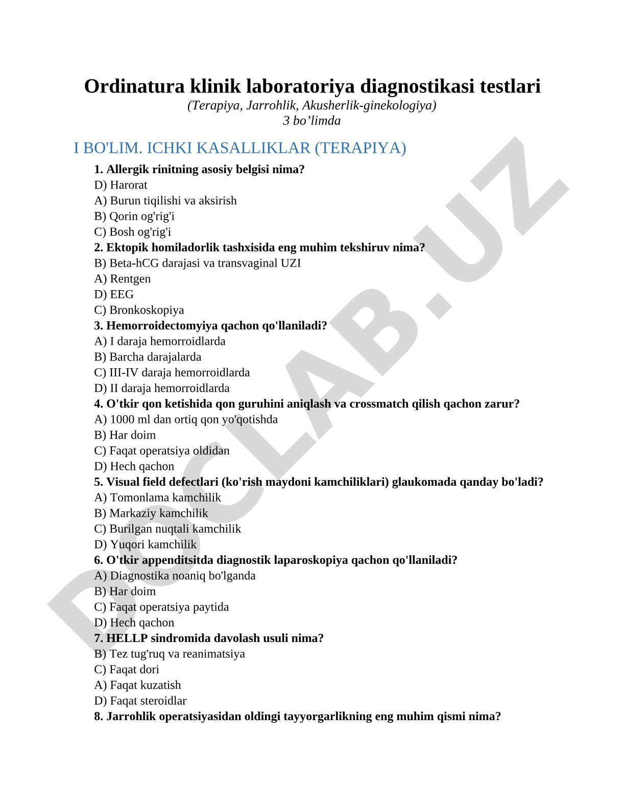 Ordinatura klinik laboratoriya diagnostikasi testlari (Terapiya, Jarrohlik, Akusherlik-ginekologiya)3 bo'limda