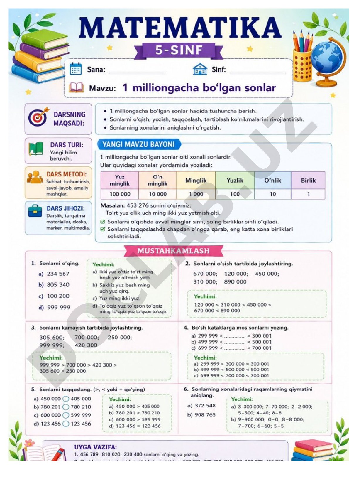 5-sinf 1-chorak matematika fanidan 1 milliongacha bo'lgan sonlar
