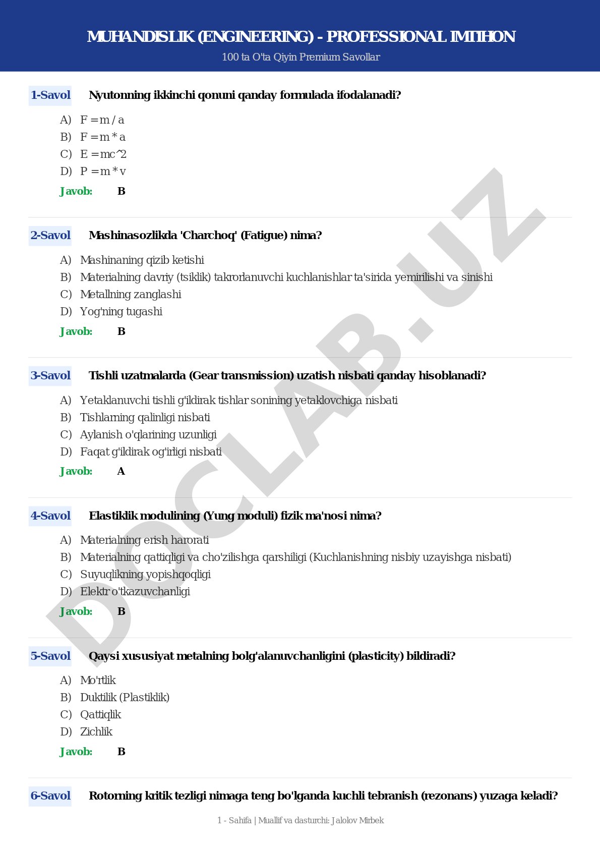 MUHANDISLIK (ENGINEERING) - PROFESSIONAL IMTIHON 100 ta O'ta Qiyin Premium Savollar