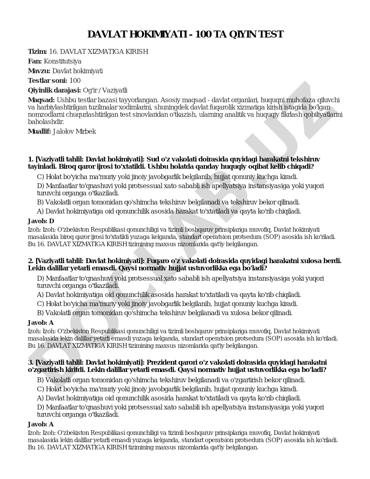 Davlat hokimiyati - 100 ta qiyin test