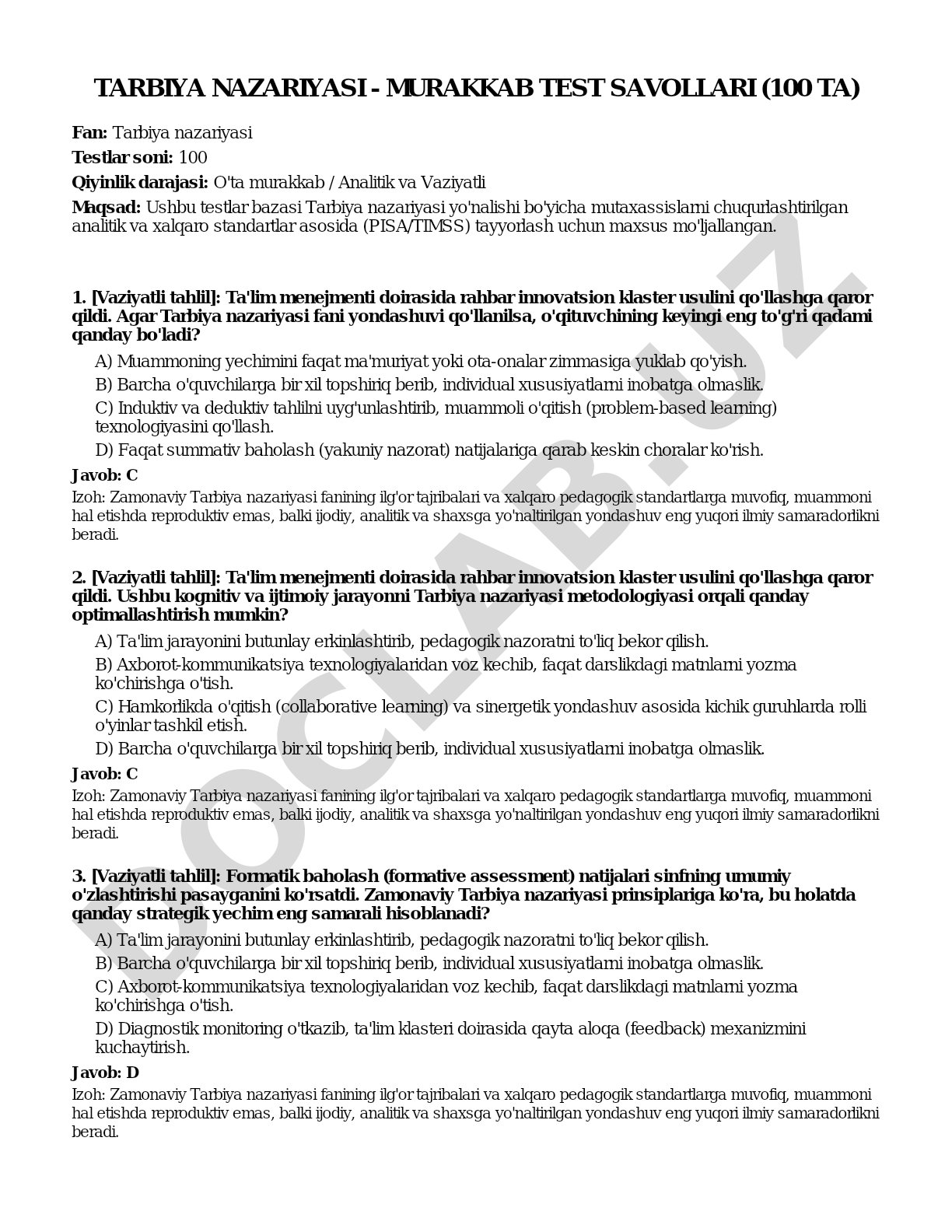 Tarbiya nazariyasi - murakkab test savollari (100 ta)
