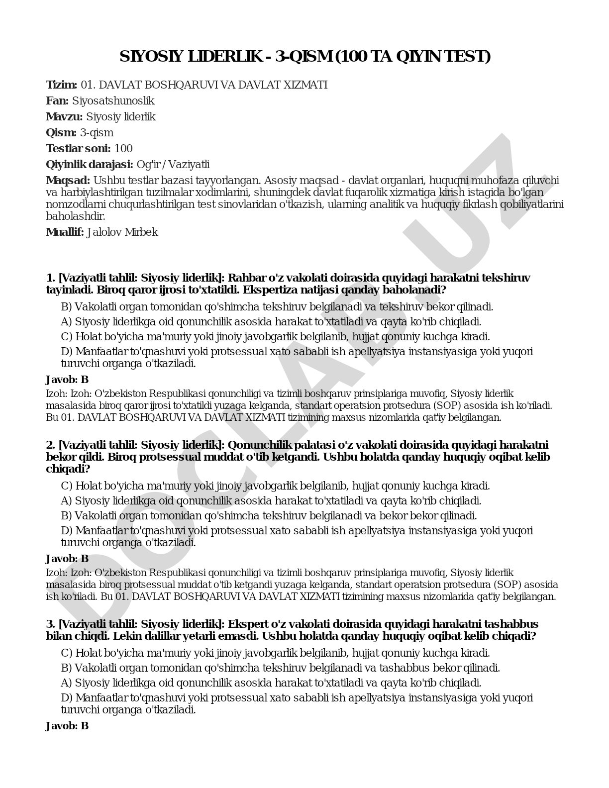 Siyosiy liderlik - 3-qism (100 ta qiyin test)