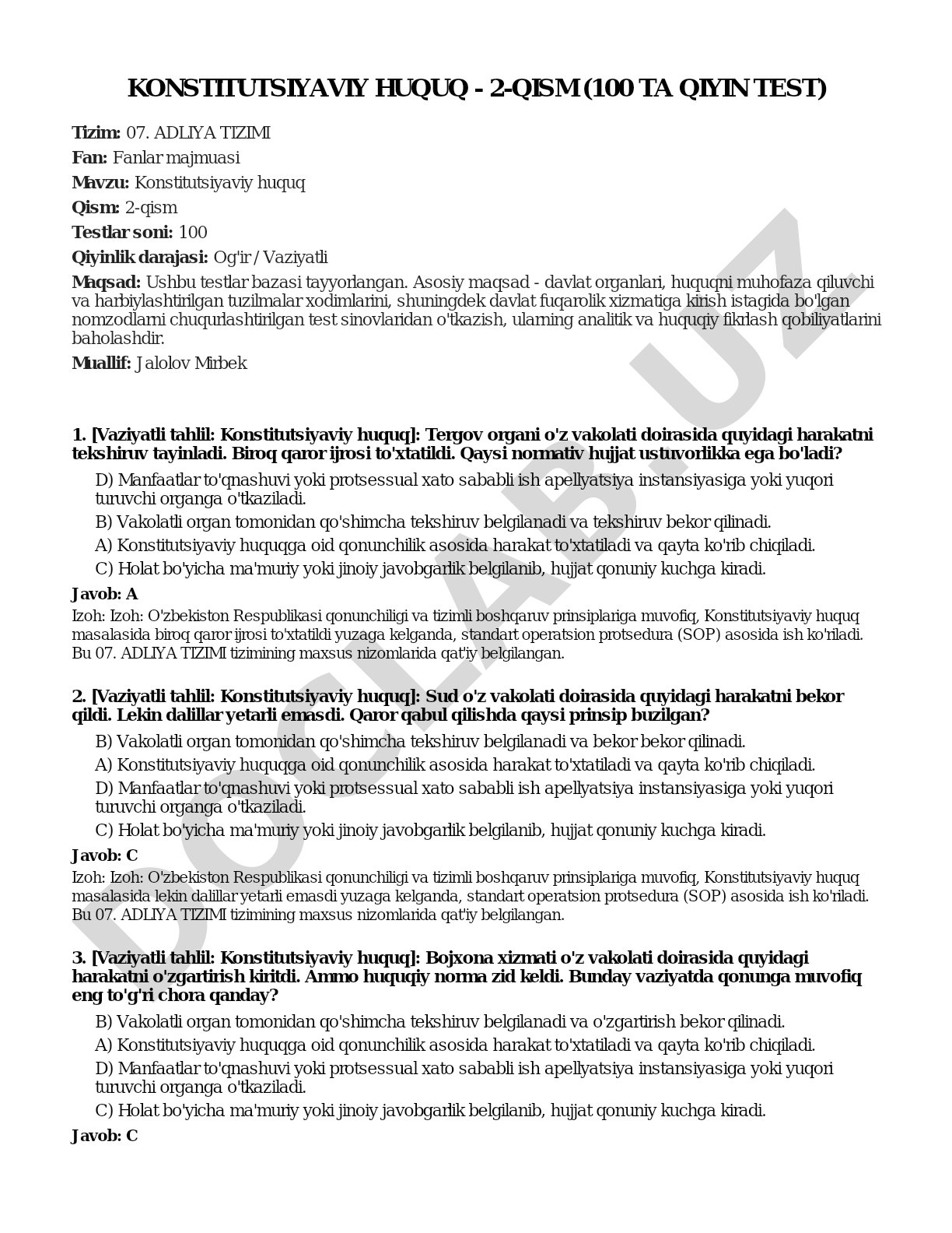 Konstitutsiyaviy huquq - 2-qism (100 ta qiyin test)