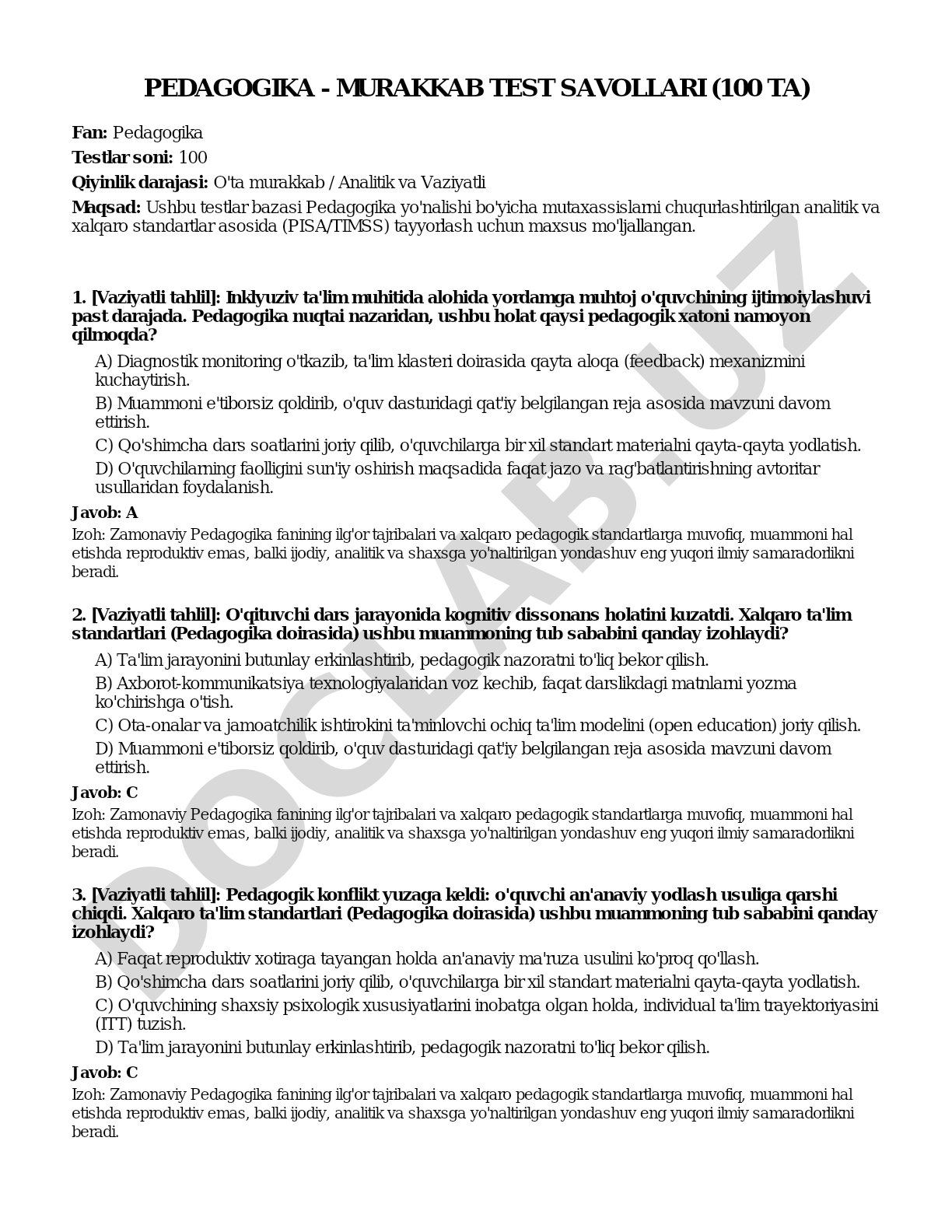 Pedagogika - murakkab test savollari (100 ta)