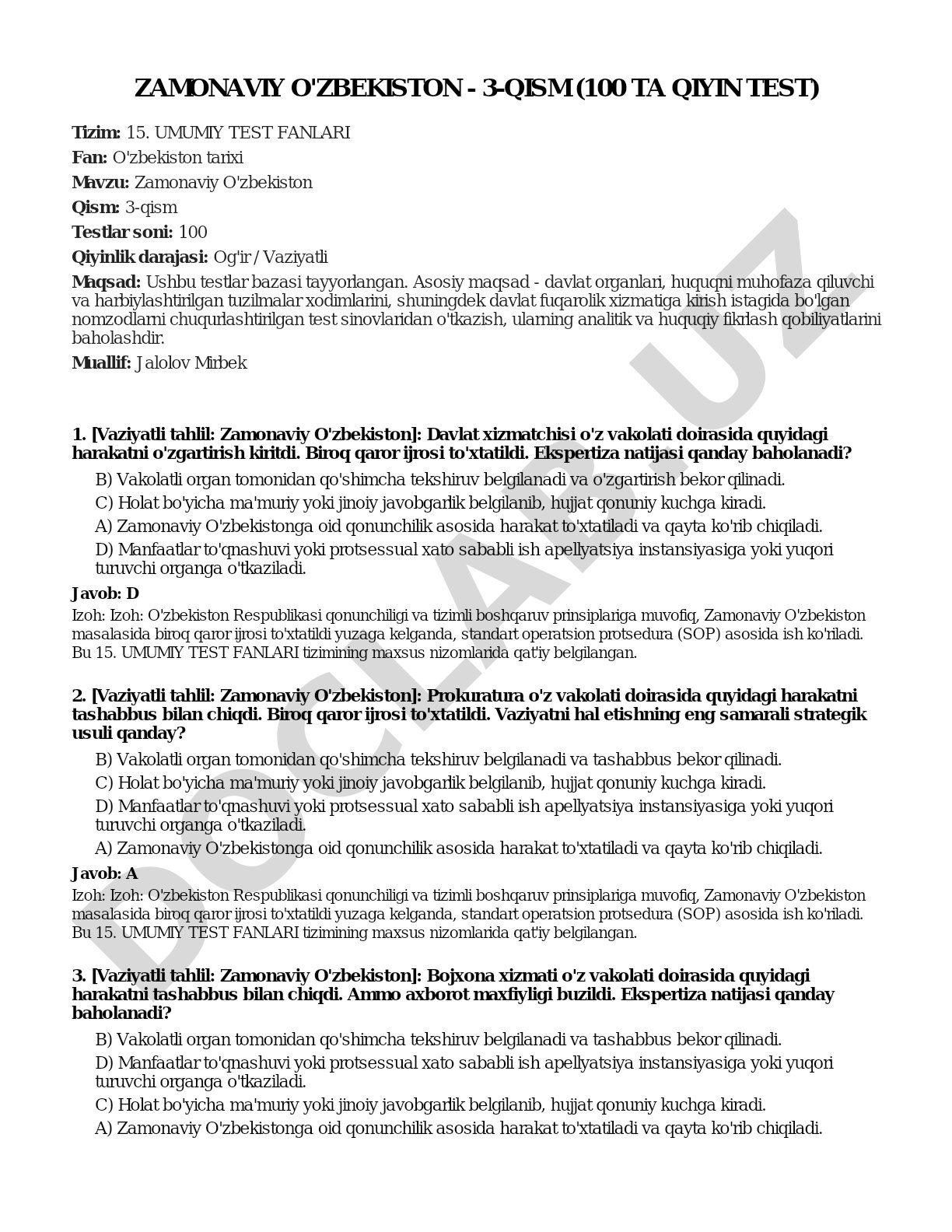 Zamonaviy O'zbekiston - 3-qism (100 ta qiyin test)