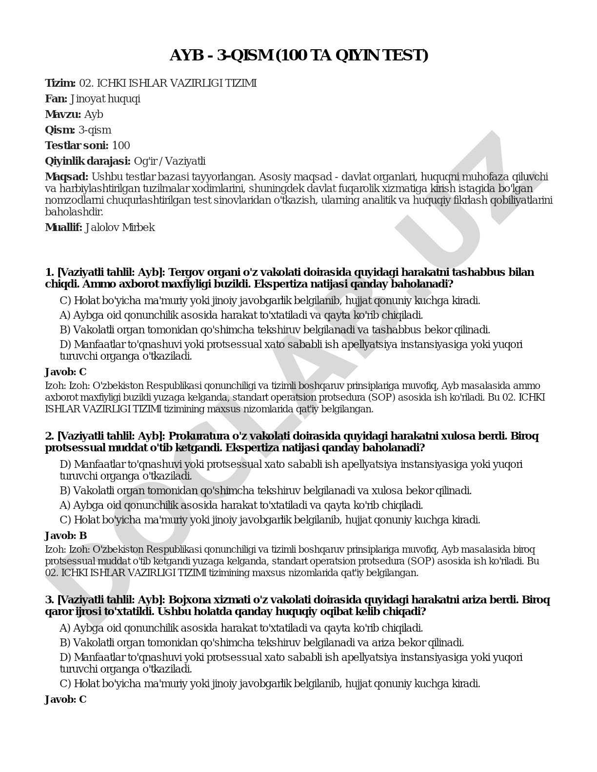 Ayb - 3-qism (100 ta qiyin test)