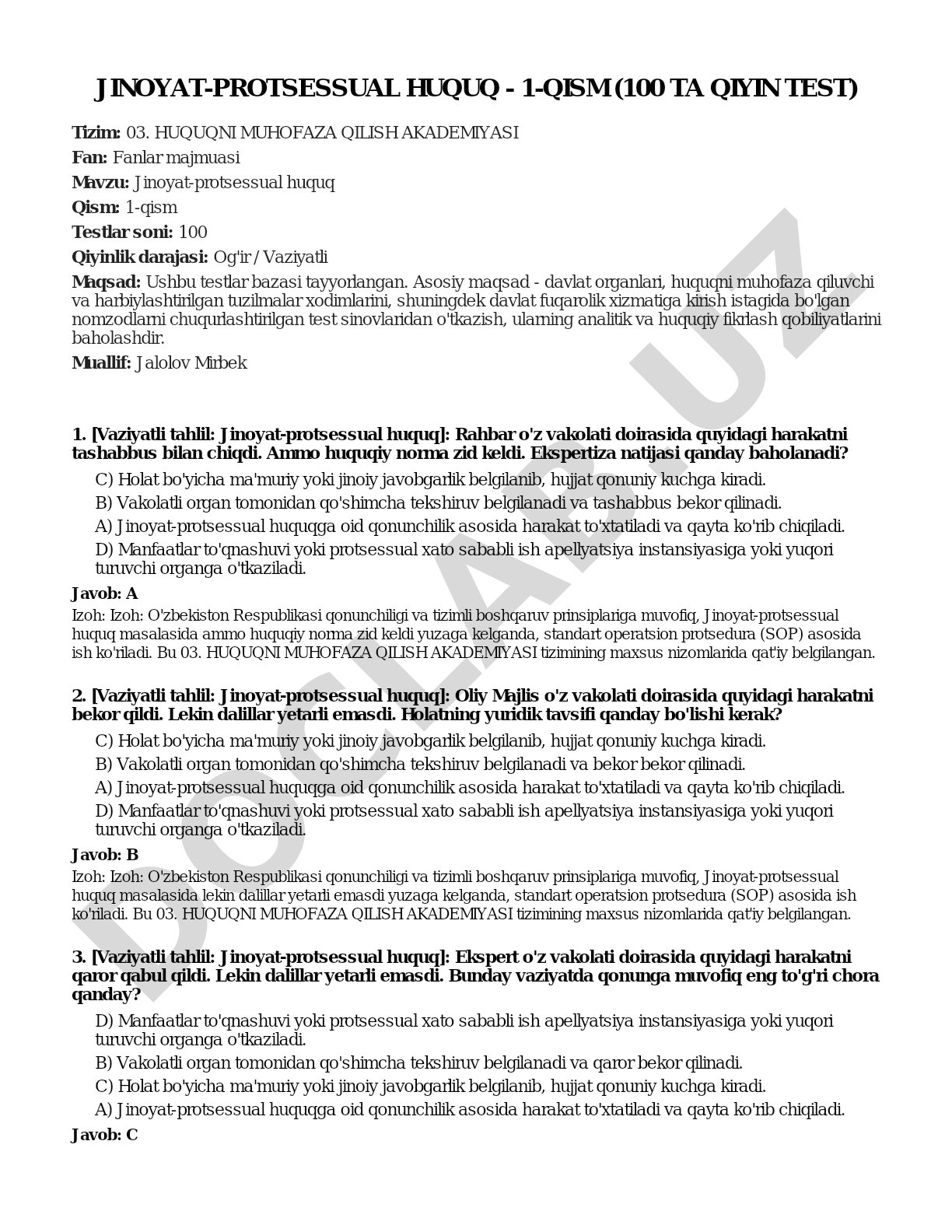 Jinoyat-protsessual huquq - 1-qism (100 ta qiyin test)