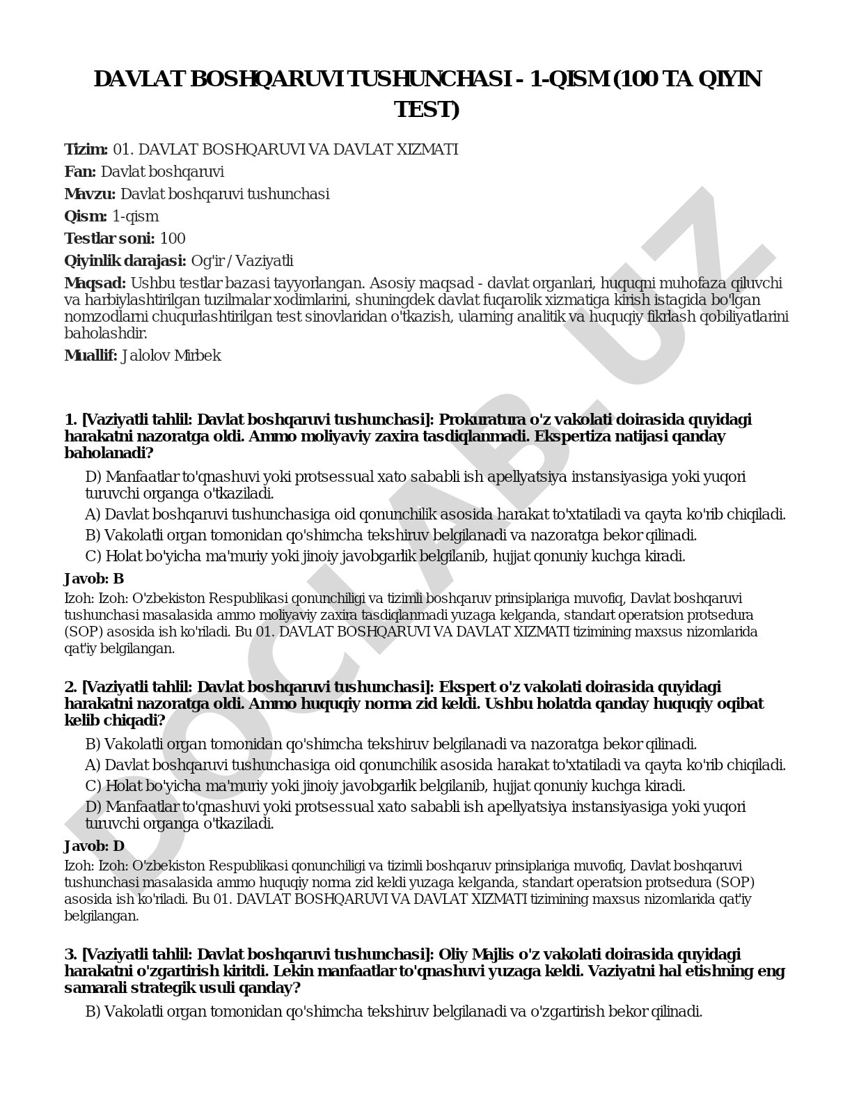 Davlat boshqaruvi tushunchasi - 1-qism (100 ta qiyin test)