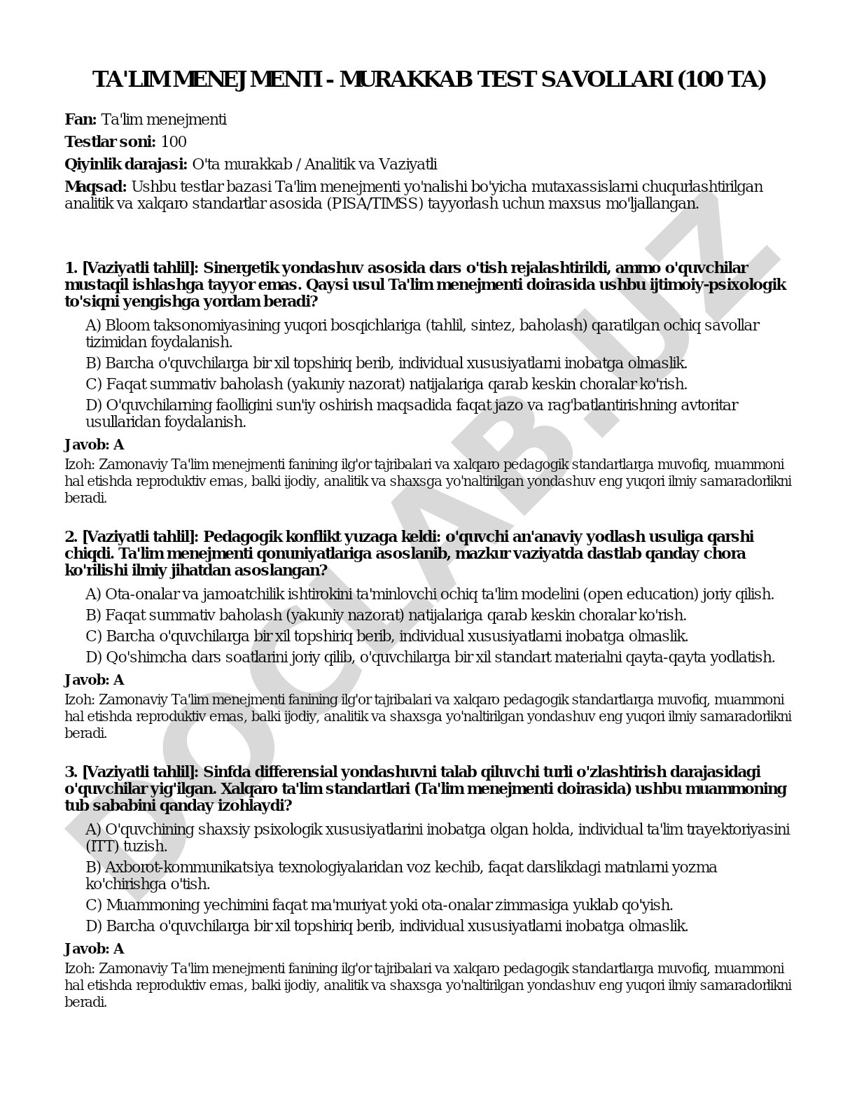Ta'lim menejmenti - murakkab test savollari (100 ta)
