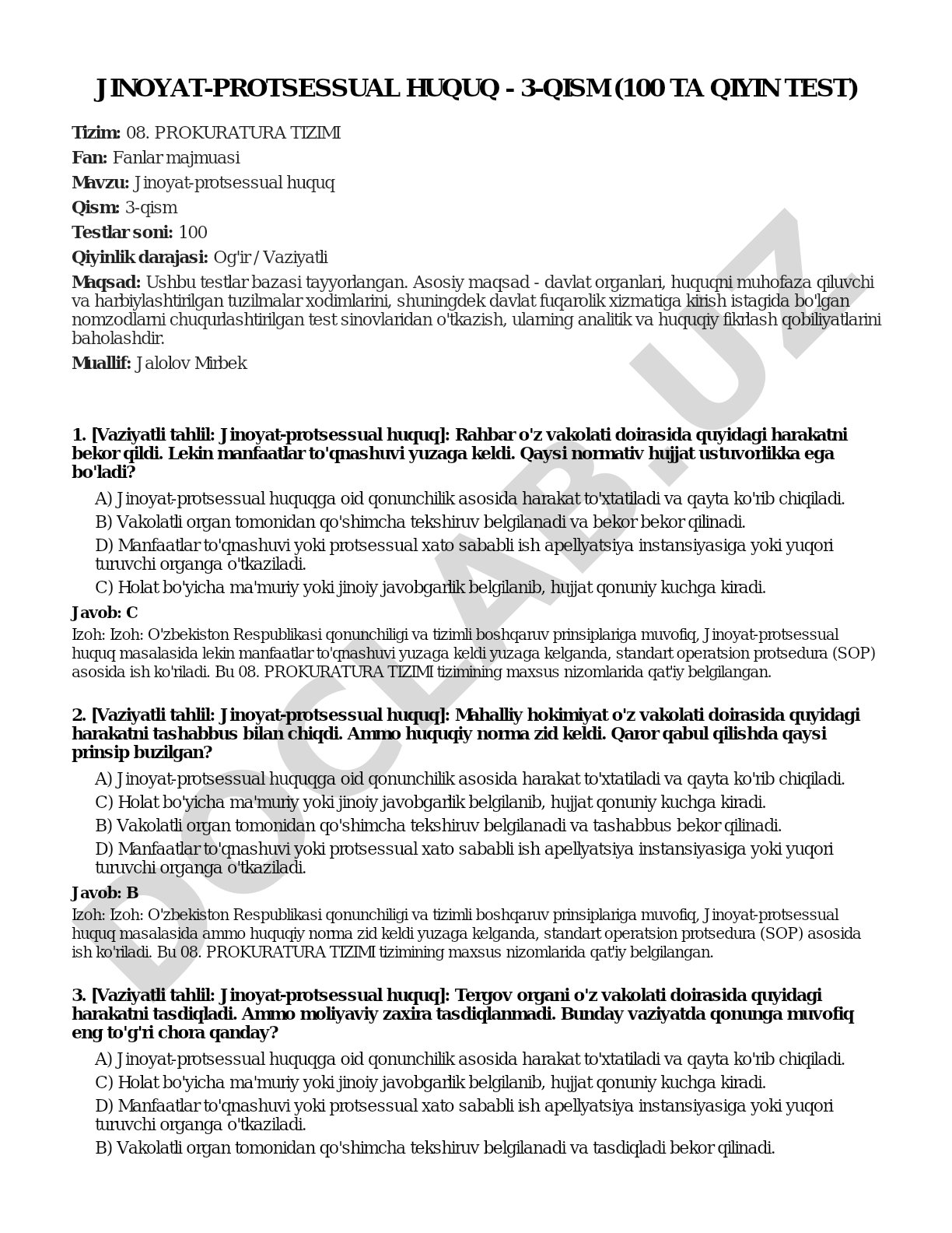 Jinoyat-protsessual huquq 3-qism (100 ta qiyin test)