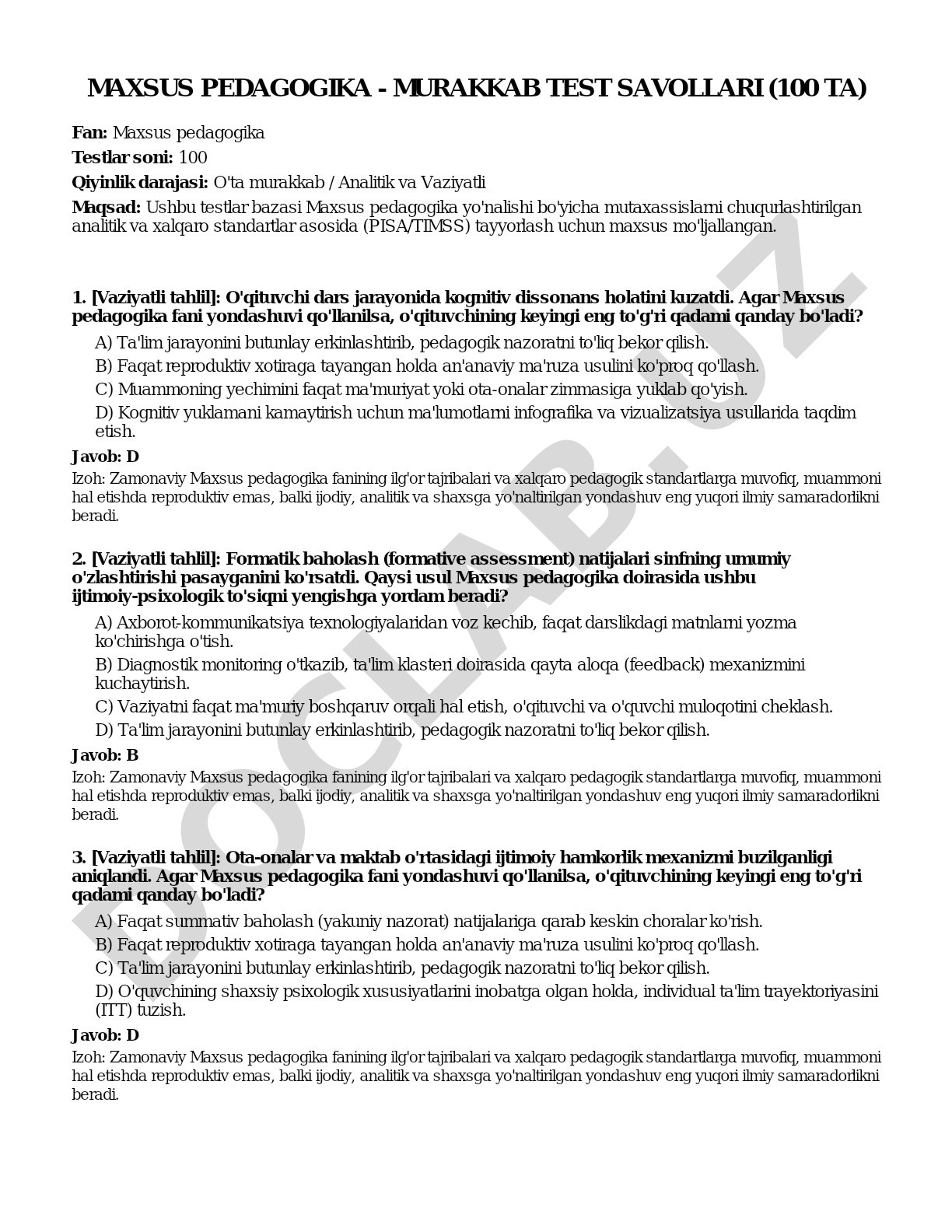 Maxsus pedagogika - murakkab test savollari (100 ta)