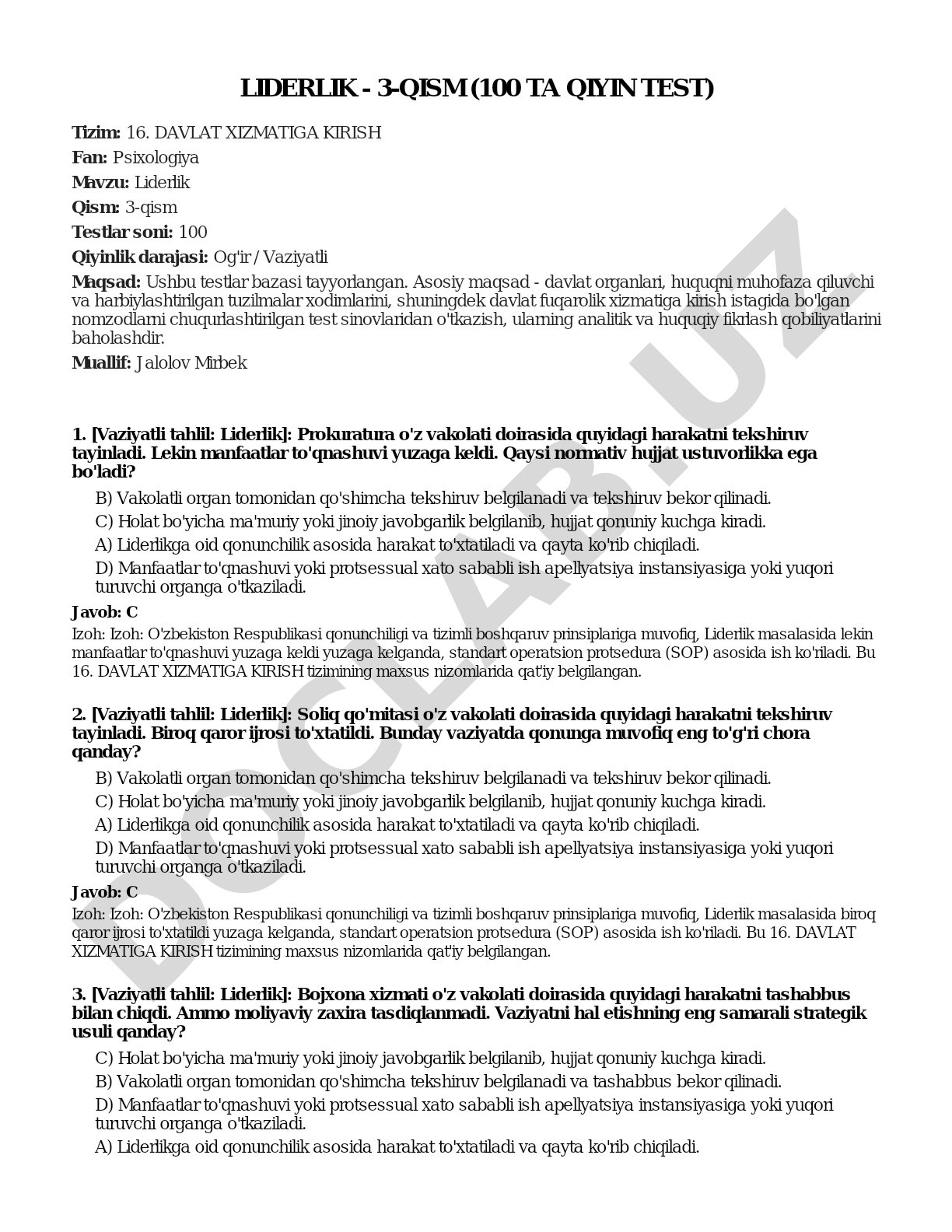 Liderlik - 3-qism (100 ta qiyin test)