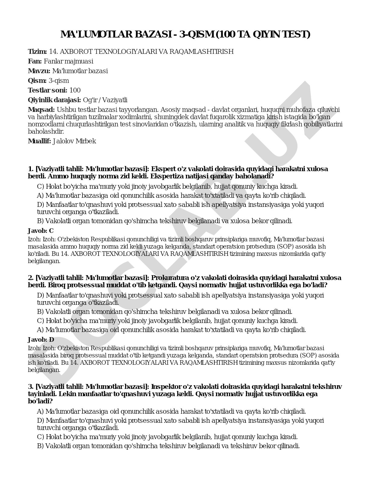 Ma'lumotlar bazasi - 3-qism (100 ta qiyin test)