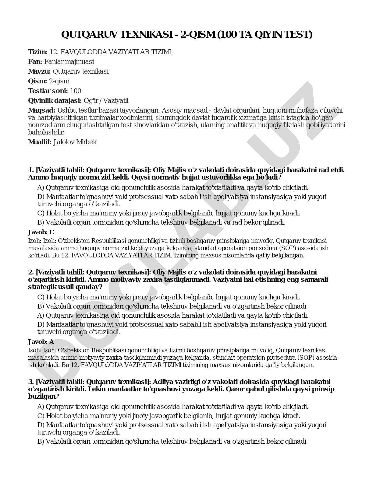 Qutqaruv texnikasi - 2-qism (100 ta qiyin test)