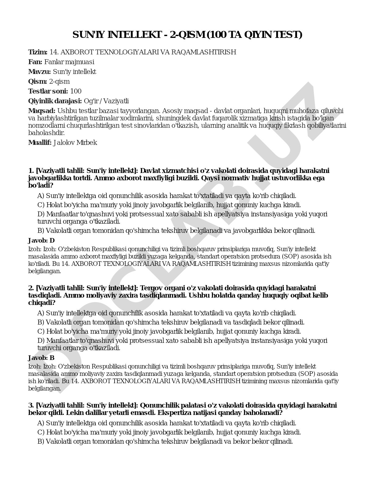 Sun'iy intellekt - 2-qism (100 ta qiyin test)