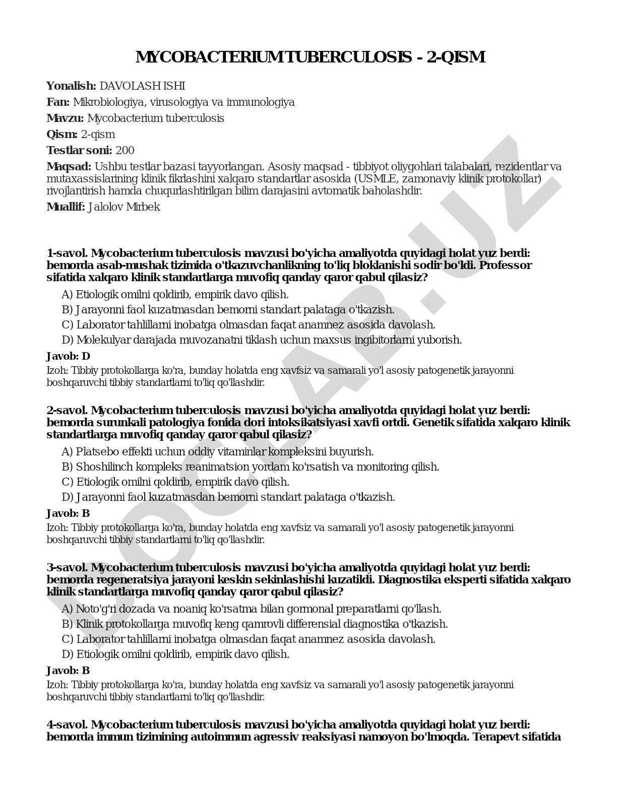 200 ta test savollari, Mycobacterium tuberculosis mavzusida, talabalar va rezidentlar